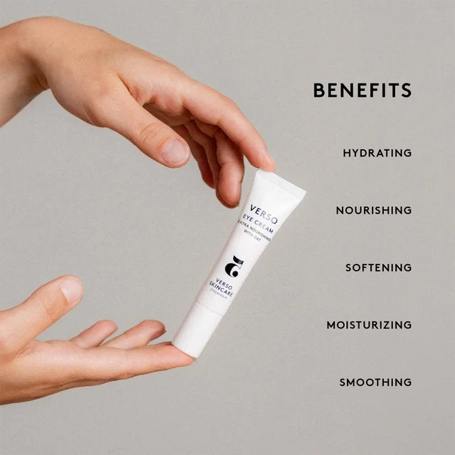 A hand is holding a small tube of Verso Eye Cream against a gray background, with the words BENEFITS HYDRATING NOURISHING SOFTENING MOISTURIZING SMOOTHING displayed to the right.