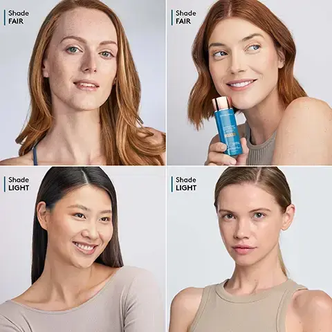 Image 1 - Four women are shown in a grid with different hairstyles and skin tones; the top left woman appears fair-skinned with long reddish hair, the top right woman holds a blue product and has medium-length reddish hair, the bottom left woman has a light complexion and long dark hair, and the bottom right woman has a light complexion with short blond hair; visible text indicates Shade FAIR for the first two women and Shade LIGHT for the last two women.
Image 2 - Four women with different skin tones are shown in a grid; the top left and top right women are in the shade medium, while the bottom left and bottom right women are in the shade tan.
Image 3 - Four portraits of women showcasing different hairstyles and skin tones; the top left has curly hair labeled as Shade Deep, the top right shows a woman with short curls labeled as Shade Deep, the bottom left features a woman with straight hair labeled as Shade Rich Deep, and the bottom right presents a woman with an afro labeled as Shade Rich Deep.Image 4 - Image of a turquoise bottle of sunscreen labeled SUNFORGETTABLE® TOTAL PROTECTION™ FACE SHIELD FLEX SPF 50 with details including SPF 50, PA++++, Zinc Oxide 12%, water resistance for 40 minutes, and patented Enviroscreen™ Technology.