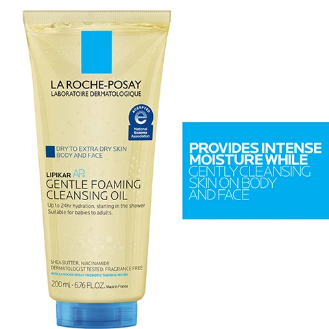 Image 1 - A tube of La Roche-Posay Lipikar AP Gentle Foaming Cleansing Oil, labeled for dry to extra dry skin for body and face, featuring blue text that says PROVIDES INTENSE MOISTURE WHILE GENTLY CLEANSING SKIN ON BODY AND FACE.
Image 2 - Image shows three skincare ingredient visuals: the first is droplets of thermal spring water labeled THERMAL SPRING WATER with the text SOOTHING ANTIOXIDANT; the second is a gel-like substance labeled NIACINAMIDE with the text WATER SOLUBLE VITAMIN KNOWN FOR ITS SOOTHING AND RESTORING PROPERTIES; the third is a creamy substance labeled SHEA BUTTER with the text KNOWN FOR ITS SOOTHING AND RESTORING PROPERTIES.
Image 3 - A person applying a foamy skin product on their shoulder, featuring text highlighting benefits such as 24-HR hydration and ingredients including La Roche-Posay prebiotic thermal water, niacinamide, and shea butter.
Image 4 - A tube of La Roche-Posay Lipikar AP Gentle Foaming Cleansing Oil is shown against a white background, featuring text highlighting survey results: 98% said it gently cleanses the skin, 90% said it leaves the skin soothed, and 87% said it leaves the skin hydrated.
Image 5 - A tube of La Roche-Posay Lipikar AP+ Gentle Foaming Cleansing Oil is displayed against a background of various skin tones, with text reading LIPIKAR AP+ GENTLE FOAMING CLEANSING OIL REFILL and SUITABLE FOR ALL SKIN TYPES.
Image 6 - A tube of La Roche-Posay Lipikar AP Gentle Foaming Cleansing Oil, displaying instructions for use: 1 Lather oil in hands and gently massage into wet face and body skin 2 Rinse thoroughly and pat dry without rubbing, with images of bubbles.
Image 7 - Image showing two skincare products for dry skin from La Roche-Posay, with the left product labeled as Lipikar AP+ Cleanser and the right product as Lipikar AP+M Moisturizer, accompanied by the text DRY SKIN LIPIKAR REGIMEN at the top and numbers 1 and 2 above each product.
Image 8 - Image shows the La Roche-Posay brand logo at the top, followed by four icons with corresponding text: a doctor representing dermatologist-recommended, a droplet with a line through it indicating non-comedogenic, a baby and adult silhouette for suitable for babies 2 weeks and up, and test tubes for suitable for patients undergoing chemotherapy, with a note about not using on broken skin.
Image 9 - A hand wearing a white glove holds a tube of La Roche-Posay Gentle Foaming Cleansing Oil, which is labeled as suitable for extra dry skin on the body and face, and also highlights its key ingredients like shea butter and niacinamide; visible text includes RECOMMENDED BY 100,000 DERMATOLOGISTS WORLDWIDE and product information.
Image 10 - Image shows four containers of La Roche-Posay Gentle Foaming Cleansing Oil in various sizes, including travel size, standard, and a large refill pack, with text that says NOW AVAILABLE IN ALL FORMATS FROM TRAVEL SIZE TO REFILL and *only 400ml bottle is refillable.
Image 11 - Light blue background with a large light blue ribbon shape, featuring bold text that reads SUITABLE FOR PATIENTS UNDERGOING CHEMOTHERAPY* and smaller text below, which states *Do not use on broken skin. Consult a medical professional prior to use. La Roche-Posay ribbon is not affiliated with any organization.