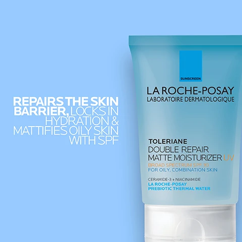 Image 1 - A blue packaging of La Roche-Posay Toleriane Double Repair Matte Moisturizer UV featuring visible text that describes its function to repair the skin barrier, lock in hydration, and mattify oily skin with SPF, and notes it contains ceramide, niacinamide, and prebiotic thermal water.
Image 2 - Image shows three vertical sections featuring different substances: the left section displays blue bubbles labeled CERAMIDE-3 with text that reads HELPS RETAIN MOISTURE AND MAINTAIN A HEALTHY SKIN BARRIER, the middle section features a textured blue and purple background labeled NIACINAMIDE with text stating INTENSELY SOOTHES AND DECREASES SKIN IRRITATIONS. HELPS BRIGHTENING DARK SPOTS, and the right section presents clear water droplets labeled THERMAL WATER with text saying SOOTHING ANTIOXIDANT A UNIQUE WATER RICH IN SELENIUM, A NATURAL ANTIOXIDANT.
Image 3 - A close-up image of a persons face with a hand applying a cream to their cheek, featuring text that states Ceramides + Niacinamide + Glycerin, provides all day hydration with SPF 30, and lightweight non-greasy texture.
Image 4 - A hand holding a blue tube of La Roche-Posay Toleriane Double Repair Matte Moisturizer UV, with text stating apply to the face and neck in the morning.
Image 5 - A tube of La Roche-Posay Toleriane Double Repair Matte Moisturizer UV is shown against a background of varying skin tones, with text that reads TOLERIANE DOUBLE REPAIR MATTE MOISTURIZER UV and SUITABLE FOR ALL SKIN TYPES & TONES.
Image 6 - Image shows two skincare products from La Roche-Posay: a blue bottle of Toleriane Purifying Foaming Cleanser on the left and a Toleriane Double Repair Matte Moisturizer UV tube on the right, with the numbers 1 and 2 above them.
Image 7 - Image features four icons with text: a doctor icon labeled recommended by dermatologist, an icon of a person touching their face labeled allergy tested, an oil drop icon labeled oil free/non-comedogenic, and a bottle icon labeled fragrance-free, all under the title La Roche-Posay Laboratoire Dermatologique.
Image 8 - A hand is holding a blue tube of La Roche-Posay Toleriane Double Repair Matte Moisturizer UV with visible text stating Recommended by 100,000 dermatologists worldwide and additional product details related to its formulation and purpose.