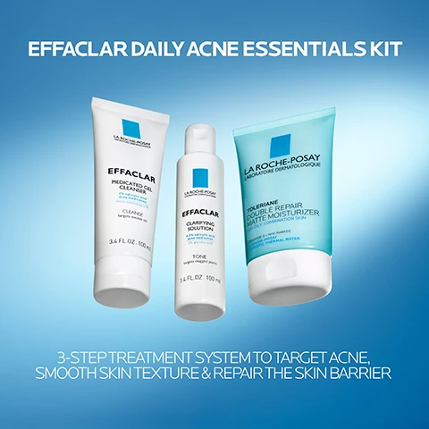 Image 1 - Image of the Effaclar Daily Acne Essentials Kit featuring three products: a medicated cleanser, a clarifying solution, and a moisturizer, with the text stating 3-step treatment system to target acne, smooth skin texture & repair the skin barrier.
Image 2 - Three skincare products are displayed on a light blue background, including La Roche-Posay Effaclar Medicated Gel Cleanser, Effaclar Clarifying Solution, and Toleriane Double Repair Matte Moisturizer, with floating bubbles and text that reads thoroughly cleanses and removes excess oil, provides all day hydration without the shine, and unclogs pores and smoothes skin texture.
Image 3 - Image shows three sections with different skincare ingredients: the first section features blue bubbles with the text Salicylic Acid, known for its effective exfoliating properties to help clear and refine the appearance of pores; the second section displays a blue gel-like substance with the text Ceramide-3, skin-identical lipid helps retain moisture and maintain a healthy skin barrier; the third section contains clear water drops with the text Thermal Spring Water, soothing antioxidant, a unique water rich in selenium, a natural antioxidant.
Image 4 - An image displaying three skincare products from La Roche-Posay, including a tube of Effaclar Medicated Gel Cleanser labeled as 1, a bottle of Effaclar Clarifying Solution labeled as 2, and a tube of Toleriane Double Repair Matte Moisturizer labeled as 3.
Image 5 - Image shows the La Roche-Posay logo at the top, followed by icons and text indicating features of the product: dermatologist tested for safety, suitable for sensitive skin, non-comedogenic, fragrance-free, paraben-free, and allergy tested.