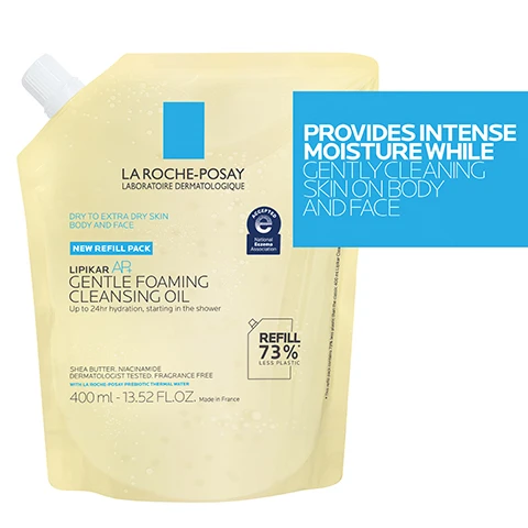 Image 1 - Plastic pouch of La Roche-Posay Lipikar AP Gentle Foaming Cleansing Oil for dry to extra dry skin, featuring a blue rectangular block stating PROVIDES INTENSE MOISTURE WHILE GENTLY CLEANING SKIN ON BODY AND FACE, and includes refill details.
Image 2 - Image shows three ingredients with corresponding descriptions: on the left, a collection of water droplets labeled Thermal Spring Water, described as a soothing antioxidant; in the center, a blue gel-like substance labeled Niacinamide, noted as a water-soluble vitamin known for its soothing and restoring properties; on the right, a creamy white substance labeled Shea Butter, known for its soothing and restoring properties.
Image 3 - A close-up of a persons shoulder with foaming skincare product being applied, accompanied by text that reads 24-HR HYDRATION, SOOTHING OIL TO FOAM TEXTURE, and LA ROCHE-POSAY PREBIOTIC THERMAL WATER + NIACINAMIDE + SHEA BUTTER.
Image 4 - Image shows two skincare products from La Roche-Posay: a bottle of Gentle Foaming Cleansing Oil and a refill pouch, with statistics highlighting user satisfaction, including 98% said it gently cleanses the skin, 90% said it leaves the skin soothed, and 87% said it leaves the skin hydrated.
Image 5 - Image shows two containers of La Roche-Posay Lipikar AP+ Gentle Foaming Cleansing Oil Refill on a background with varying skin tones, with the text SUITABLE FOR ALL SKIN TYPES prominently displayed.
Image 6 - A bottle of La Roche-Posay Gentle Foaming Cleansing Oil next to a refill pouch, with instructions on how to refill: 1 twist pump off your original cleanser, 2 pour content from refill into your original bottle, 3 enjoy the hydration, and a note that the original bottle can be filled up to 3 times.
Image 7 - Image shows two skincare products for dry skin from La Roche-Posay with labeled steps; the left product is a foaming cleansing oil, labeled as Lipikar AP+ Cleanser, and the right product is a moisturizing cream, labeled as Lipikar AP+M Moisturizer, with the header DRY SKIN LIPIKAR REGIMEN and step numbers 1 and 2 prominently displayed.
Image 8 - Image features the logo of La Roche-Posay with icons representing dermatological recommendations: a doctor, a non-comedogenic symbol, and icons for suitability for babies aged 2 weeks and up, and for patients undergoing chemotherapy, along with the text LA ROCHE POSAY LABORATOIRE DERMATOLOGIQUE.
Image 9 - A bottle and a refill pack of La Roche-Posay Lipikar AP Gentle Foaming Cleansing Oil for dry to extra dry skin on the body and face are displayed, with the text recommended by 100,000 dermatologists worldwide.
Image 10 - Image shows various sizes of La Roche-Posay Gentle Foaming Cleansing Oil bottles, including travel size to refill options, with visible text stating NOW AVAILABLE IN ALL FORMATS FROM TRAVEL SIZE TO REFILL*.
Image 11 - Image of a light blue background featuring a large ribbon symbol, with the text suitable for patients undergoing chemotherapy in bold black font, and a small disclaimer at the bottom stating *Do not use on broken skin. Consult a medical professional prior to use. La Roche-Posay ribbon is not affiliated with any organization.