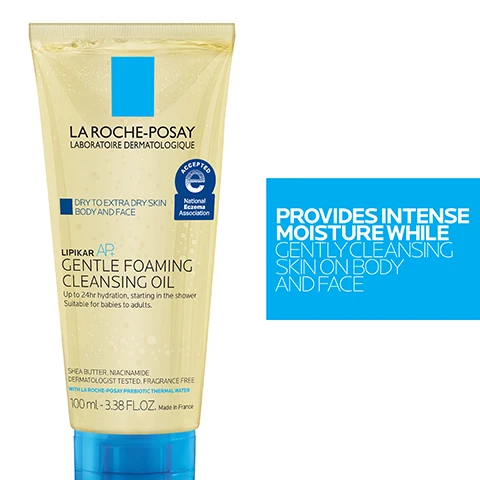 Image 1 - A tube of La Roche-Posay Lipikar AP Gentle Foaming Cleansing Oil, featuring blue and beige packaging with a label stating it is suitable for extra dry skin on body and face, and text that reads Provides intense moisture while gently cleansing skin on body and face.
Image 2 - Three cosmetic ingredients are displayed side by side: on the left, thermal spring water with bubbles, in the center, a translucent gel-like substance labeled niacinamide, and on the right, shea butter with a creamy texture; visible text includes THERMAL SPRING WATER, NIACINAMIDE, and SHEA BUTTER, along with descriptions of their properties.
Image 3 - A close-up of a persons shoulder with a foamy skincare product being applied, featuring text that reads 24-HR HYDRATION, SOOTHING OIL TO FOAM TEXTURE, and LA ROCHE-POSAY PREBIOTIC THERMAL WATER + NIACINAMIDE + SHEA BUTTER.
Image 4 - A tube of La Roche-Posay Lipikar AP Gentle Foaming Cleansing Oil is shown with a light background, featuring text that states 98% said it gently cleanses the skin, 90% said it leaves the skin soothed, and 87% said it leaves the skin hydrated.
Image 5 - A tube of La Roche-Posay Lipikar AP Gentle Foaming Cleansing Oil with instructions: lather oil in hands and gently massage into wet face and body skin, rinse thoroughly and pat dry without rubbing, size 100ml.
Image 6 - A tube of La Roche-Posay Lipikar AP+ Gentle Foaming Cleansing Oil Refill is displayed against a background featuring different skin tones, with the text SUITABLE FOR ALL SKIN TYPES prominently featured.
Image 7 - Image shows two skincare products by La Roche-Posay for dry skin, including a gentle foaming cleansing oil on the left labeled as LIPIKAR AP+ CLEANSER and a moisturizer on the right labeled as LIPIKAR AP+M MOISTURIZER, with the title DRY SKIN LIPIKAR REGIMEN at the top.
Image 8 - Image features a list of benefits related to La Roche-Posay products, with icons for dermatologist-recommended care, non-comedogenic formula, suitability for babies aged two weeks and up, and suitability for patients undergoing chemotherapy, with the text reading LA ROCHE POSAY LABORATOIRE DERMATOLOGIQUE.
Image 9 - A hand in a white glove holds a tube of La Roche-Posay Toleriane AP Gentle Foaming Cleansing Oil, which is designed for extra dry skin on the body and face, with visible text stating RECOMMENDED BY 100.000 DERMATOLOGISTS WORLDWIDE and details about the product, including ingredients like shea butter and niacinamide.
Image 10 - Image of four containers of La Roche-Posay Gentle Foaming Cleansing Oil in various sizes, with the text NOW AVAILABLE IN ALL FORMATS FROM TRAVEL SIZE TO REFILL prominently displayed above.
Image 11 - A light blue background features a large ribbon graphic, with bold black text that reads suitable for patients undergoing chemotherapy, and a note at the bottom stating not to use on broken skin, consult a medical professional prior to use, La Roche-Posay ribbon is not affiliated with any organization.
