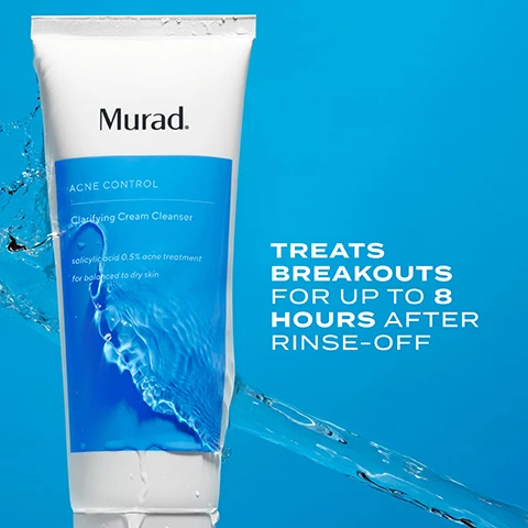 Image 1 - A tube of Murad Clarifying Cream Cleanser with a blue and white design, featuring text that reads Treats breakouts for up to 8 hours after rinse-off and salicylic acid 0.5% acne treatment for balanced to dry skin.
Image 2 - A tube of Murad Acne Control Clarifying Cream Cleanser on a light blue background, displaying the text 100% agree product did not irritate skin, 98% agree that skin feels calm, and 85% agree skin feels soothed and soft, with a note about consumer perception and individual results.
Image 3 - A close-up of a light-colored skincare product with text labels highlighting its ingredients: Encapsulated Salicylic Acid for clearing blackheads, Hyaluronic Acid and Amino Acid Blend for hydration, and Sesame Seed plus Fruit Extracts for controlling shine and soothing the skin.
Image 4 - Image shows a comparison chart for skincare cleansers with two tubes labeled Clarifying Cleanser and Clarifying Cream Cleanser, displaying a foaming gel texture and a non-foaming cream texture respectively, along with recommended skin types: balanced to oily, acne-prone skin for the foaming gel and balanced to dry, acne-prone skin for the cream cleanser. Visible text includes Choose Your Cleanser, Clarifying Cleanser, Clarifying Cream Cleanser, Texture, and Skin Type.