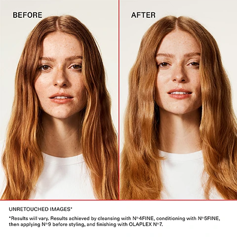 Image 1 - A split image shows two portraits of a woman with long hair, labeled BEFORE on the left and AFTER on the right, with the before image displaying her hair in a less styled state and the after image showing smoother, shinier hair; there is also text at the bottom stating UNRETOUCHED IMAGES and additional details about the hair treatment process.
Image 2 - A woman with wavy red hair and freckles holds two bottles of Olaplex No. 4P Blonde Enhancer Toning Shampoo and No. 5 Bond Maintenance Conditioner while looking at the camera, with the text CLINICALLY PROVEN TO VOLUMIZE AND WEIGHTLESSLY HYDRATE displayed in the background.
Image 3 - A comparison chart for testing hair texture contrasts fine and medium to coarse hair, featuring two OLAPLEX shampoo and conditioner bottles labeled No. 4 Fine and No. 5 Fine, alongside washing recommendations for both hair types.