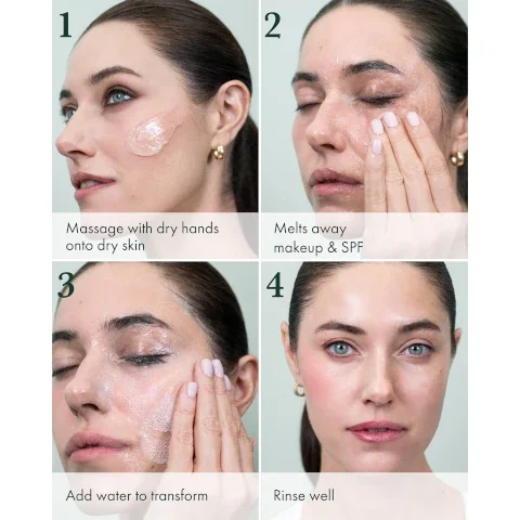 Image showing a four-step skincare routine with a woman demonstrating each step: 1. Massage with dry hands onto dry skin, 2. Melts away makeup & SPF, 3. Add water to transform, 4. Rinse well.