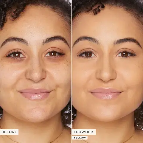 Image 1 - The image shows a side-by-side comparison of a womans face before and after applying a powder; the left side features visible freckles and a natural skin tone, while the right side shows a smoother, more even complexion with the text +POWDER and YELLOW at the bottom left.
Image 2 - A smiling woman with dark skin holds a cosmetic puff near her face while demonstrating how to use it, next to a makeup container, and text on the image reads HOW TO USE: 1 DIP INTO SET NET 2 TAP OFF EXCESS 3 PRESS PUFF ONTO SKIN with the additional note FREE Set Point Puff.
Image 3 - A large white paddle with the text SET SEXY, followed by checkmarks for 16-HR SETTING, SWEATPROOF, VEGAN, and DERMATOLOGIST TESTED, is surrounded by various small containers of makeup in shades of brown and lavender.
Image 4 - A smiling person with long dark hair is applying makeup to their cheek with a beauty sponge and holding a jar of translucent powder while showing off bright red nails, with text in the image stating DELISA WEARS YELLOW.
Image 5 - A woman with long brown hair is shown with makeup applied on both sides of her face; the left side shows a white powdery appearance labeled COMPETITOR SETTING POWDER while the right side appears smooth and natural labeled CREASELESS SETTING POWDER, with the text JEN WEARS PINK at the bottom and NO PHOTO FLASHBACK! at the top.
Image 6 - Three transparent cosmetic containers with loose powder in various shades sit on a light surface, accompanied by a white applicator, with the text available in 3 translucent shades displayed above.
Image 7 - A color swatch chart for makeup shades labeled as translucent very deep (espresso), cinnamon (deep to rich), honey (tan-deep to deep), pink (fair to tan), chestnut (mahogany to espresso), caramel (deep), yellow (light to tan), lavender (fair to medium), translucent deep (deep to mahogany), and translucent (fair to tan-deep).