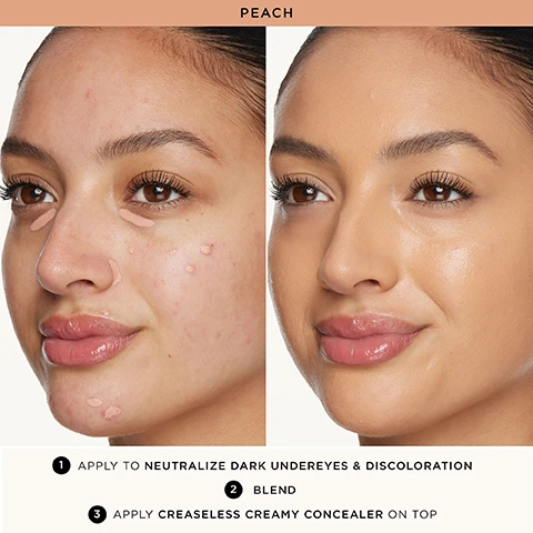 Image 1 - Image shows a before-and-after comparison of a womans face where the left side has visible blemishes and peach-colored product applied under the eyes, while the right side shows a smooth complexion; with text reading Peach, and instructions: 1 Apply to neutralize dark undereyes and discoloration 2 Blend 3 Apply creaseless creamy concealer on top.
Image 2 - A smiling woman with dark skin and short hair holds two tubes of Tarte lip products, wearing hoop earrings and a nose ring, with the text Friday Wears Red displayed at the bottom.
Image 3 - Image showing a series of makeup color swatches labeled as follows: green for fair to tan skin tones, peachy pink for fair to light skin tones, peach for light to medium skin tones, orange for medium to deep skin tones, and red for rich to espresso skin tones, with the title Creaseless Corrector and subtitle Neutralize & Brighten at the top.
Image 4 - A collection of Tarte Creaseless Concealer tubes in various shades, with visible text stating, 100% AGREE, doesn’t crease on my skin, doesn’t look cakey, feels hydrating & comfortable, and a note about a consumer panel study of 33 subjects.
Image 5 - A close-up portrait of a woman with a warm smile, holding two beauty products while wearing a peach lip color, with the text RACHEL WEARS PEACH displayed below.
Image 6 - An image showing two applicators: one with a brown concealer tip and the other with a green correction tip, accompanied by text explaining how to use each product, reading DOT & BLEND TO CONCEAL & BRIGHTEN LOOK OF UNDEREYES and DOT TO CORRECT THE LOOK OF IMPERFECTIONS.
Image 7 - A close-up image of halved passion fruits on a wooden plate with a textured background, accompanied by text highlighting benefits: Miracle of Maracuja, Omega Fatty Acids, Vitamin C, Antioxidants.
Image 8 - A woman with red hair smiles while holding a bowl of cut maracuja fruit alongside another woman who is smiling; text on the image reads each product lifts up the women who sustainably harvest maracuja in an all-female cooperative.