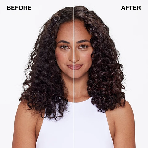 Image 1 - A split image of a woman with dark curly hair shows a before and after comparison, with the left side depicting slightly duller, less defined curls and a few visible grey hairs, and the right side showing shinier, more defined, and darker curls with no visible grey hairs; visible text reads BEFORE and AFTER. Image 2 - A split image showing a persons hair from the back with a Before and After comparison, where the left side labeled BEFORE shows dull, frizzy, light blonde hair with darker roots, and the right side labeled AFTER shows shiny, smooth, wavy, and more evenly colored golden blonde hair. Image 3 - A white tube of IGK Mistress Hydrating Hair Balm, featuring a clear section with golden bubbly liquid, is displayed next to text that reads: IGK Mistress Hydrating Hair Balm, Innovative leave-in conditioning balm and styler, Moisturizes, adds shine and smooths dry or dehydrated hair, Coconut Oil: Nourishes and adds moisture, 145 ML / 5.0 FL. OZ., Baume Hydratant Pour Les Cheveux, Rehausseur DHydratation, Fini Lisse.
