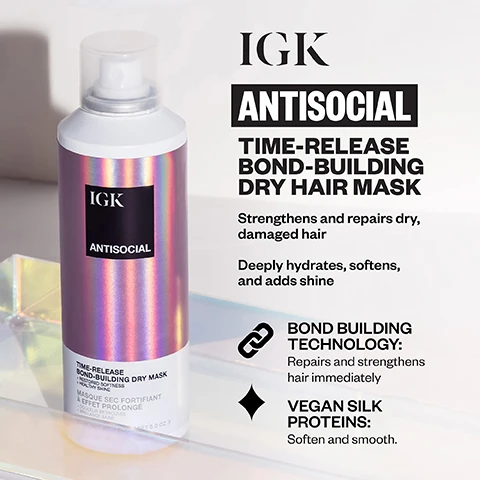 Image 1 - The image shows a white and iridescent purple spray bottle for hair on a white background, with the bottle labeled IGK Antisocial Time-Release Bond-Building Dry Mask + Restored Softness + Healthy Shine Masque Sec Fortifiant À Effet Prolongé + Douceur Retrouvée + Brillance Saine 137 ML NET WT. / Poids Net 5.0 OZ. e, and to the right, product details read IGK Antisocial Time-Release Bond-Building Dry Hair Mask, Strengthens and repairs dry, damaged hair, Deeply hydrates, softens, and adds shine, Bond Building Technology: Repairs and strengthens hair immediately, and Vegan Silk Proteins: Soften and smooth. Image 2 - A split image shows a woman with her hair before and after treatment; on the left, her hair is straighter and less voluminous, and on the right, it is wavy and shinier. BEFORE AFTER.