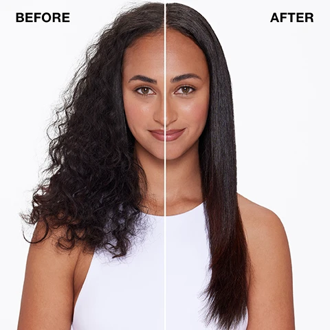 Image 1 - A split image of a woman shows her hair before and after a treatment, with the left side having dark, curly, and voluminous hair and the right side having dark, straight, and smooth hair; text reads BEFORE and AFTER. Image 2 - An aerosol can of IGK Good Behavior Spirulina Protein Smoothing Spray emits a fine mist against a dark background, with prominent white text on the left reading IGK GOOD BEHAVIOR SPIRULINA PROTEIN SMOOTHING SPRAY, Heat-activated smoothing spray, 24-hour frizz control, 450° F heat protection, SPIRULINA PROTEIN: Strengthens and nourishes hair, INNOVATIVE BONDING POLYMERS: Mimic the frizz-free, high-shine coating of a keratin treatment when activated by heat; the can itself features a label with text IGK GOOD BEHAVIOR SPIRULINA PROTEIN SMOOTHING SPRAY, + KERATIN-LIKE TREATMENT, + 24-HOUR FRIZZ CONTROL, + 450° F HEAT PROTECTION, SPRAY LISSANT AUX PROTEINES DE SPIRULINE, + EFFET SIMILAIRE À UN SOIN KÉRATINE, + CONTRÔLE ANTIFRISOTTIS 24 HEURES, + PROTECTION THERMIQUE JUSQUÀ 232°C, 186 ML NET WT. / POIDS NET 5.6 OZ. 3, and a patterned background of repeated phrases including smooth it!, All good, So sleek, Shine on, AF, looking good, and So sleek in red. Image 3 - A split image of a womans head and shoulders shows her long brown hair before and after a treatment, with the left side displaying frizzy, dull hair and the right side showing smooth, shiny hair, accompanied by the text BEFORE on the top left and AFTER on the top right. Image 4 - A woman holds up a clear spray bottle labeled IGK GOOD BEHAVIOR, with large overlay text stating GOOD BEHAVIOR Spirulina Protein Smoothing Spray. Image 5 - An IGK product guide titled GOOD BEHAVIOR Smoothing Formulas that FIGHT FRIZZ, presenting a chart with columns for HAIR TYPE, DESIRED LOOK (before and after photos of models), CLEANSE + CONDITION, PREP, STYLING, FINISHING, and STYLING NOTES, featuring various products including Good Behavior SH/CON, Good Behavior Prep Spray, Good Behavior Smoothing Spray, Good Behavior Blow Out Balm, Crybaby Finishing Serum, Class of 93 Curl Cream, and Good Spin Gelee, with styling notes like Blow Dry / Straightening Iron and Air Dry / Diffuse for different hair types: Medium, frizz-prone hair looking for smooth and straight keratin-like results; Medium to thick, coarse, frizz-prone hair looking for smooth and straight keratin-like results; and Medium to coarse, curly hair looking for smooth, frizz-free curls.