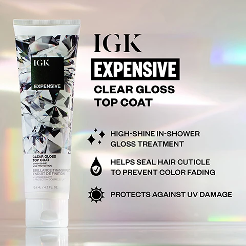Image 1 - A white tube of hair product with a shiny, faceted diamond pattern on its label is shown, displaying the text IGK Expensive Clear Gloss Top Coat, High-Shine In-Shower Gloss Treatment, Helps Seal Hair Cuticle To Prevent Color Fading, Protects Against UV Damage, and 124 ML / 4.2 FL. OZ. Image 2 - A split image of a womans head and shoulders shows her hair before and after a treatment: on the left, her hair is warm, yellowish blonde, and on the right, it is cool, silvery blonde. BEFORE AFTER. Image 3 - A side-by-side comparison of a woman with long dark hair, showing a before image on the left with slightly duller hair and an after image on the right with noticeably shinier, smoother dark hair. BEFORE AFTER. Image 4 - A black rectangle with a list of product features in white text is displayed over a multicolored halftone background, with the brand name IGK in black at the top left. The text reads: IGK, VEGAN, LEAPING BUNNY CERTIFIED, GLUTEN-FREE, SULFATE-FREE (SLS + SLES), PARABEN-FREE, PHTHALATE-FREE, MINERAL OIL-FREE, PETROLATUM-FREE.