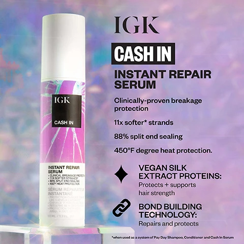 Image 1 - A white-capped bottle of IGK Cash In Instant Repair Serum with a pink and purple holographic label is displayed against a blurred background, accompanied by the text IGK CASH IN INSTANT REPAIR SERUM, Clinically-proven breakage protection, 11x softer* strands, 88% split end sealing, 450°F degree heat protection, VEGAN SILK EXTRACT PROTEINS: Protects + supports hair strength, BOND BUILDING TECHNOLOGY: Repairs and protects, along with bottle label details SÉRUM RÉPARATEUR INSTANTANÉ, 50 ML / 1.7 FL. OZ, and a note *when used as a system of Pay Day Shampoo, Conditioner and Cash In Serum. Image 2 - A split image shows a woman with grey hair; the left side labeled BEFORE features duller grey hair and lighter skin, while the right side labeled AFTER shows brighter grey hair and a warmer skin tone. Image 3 - A split image of a woman with blonde hair, showing a before and after comparison where the left side displays straighter, slightly duller hair and the right side shows wavier, more vibrant hair, with BEFORE at the top left and AFTER at the top right.