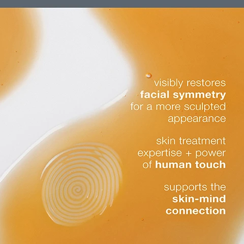 Image 1 - A vibrant amber liquid is spread across a surface that transitions from white to amber, featuring a distinct light-colored spiral pattern on the left, alongside text that reads: visibly restores facial symmetry for a more sculpted appearance, skin treatment expertise + power of human touch, supports the skin-mind connection. Image 2 - A close-up of a persons face as a dropper applies orange serum to their cheek, accompanied by the text skin can feel and Pair NeuroTouch Symmetry Serum with our professional sculpting technique for immediate results, both seen and felt. Image 3 - A before and after comparison image shows the left side of a persons face, with the after 8 weeks image displaying a more defined jawline and smoother appearance compared to the before image, alongside the text: visibly restores facial symmetry for more sculpted-looking skin* before after 8 weeks *Independent clinical testing of 31 people, 2 applications/day for 8 weeks. Image 4 - An instructional diagram showing six white line art illustrations demonstrating a neurotouch sculpting facial massage technique on a grey background, with hands performing movements on the neck, jaw, cheeks, brows, and forehead, accompanied by the text neurotouch sculpting technique we recommend performing each step 3X, neck pinch ear to clavicle, jaw pinch chin to ear, cheeks walk up/down cheekbone, brows pinch, lift + circle eyebrow, forehead lift + slide across eyebrow, and finish massage center/outward. Image 5 - A dark teal product bottle with golden-brown serum spilling from the top is displayed next to text that reads biomimetic botanical blend visibly lifts skin, aromachology blend uplifts mood, winged kelp firms skins appearance, squalane + bionutrient oils strengthen skins moisture barrier, neurotouch symmetry serum, logica The International Dermal Institute. Image 6 - A dark grey Dermalogica Neurotouch Symmetry Serum bottle stands centered on a grey background, with text beside it indicating 5 month supply (150 est. uses) and text on the bottle reading dermalogica professional-grade skin care by The International Dermal Institute, neurotouch symmetry serum, neuroscience-powered sculpting oil, huile de modelage inspirée par les neurosciences, 1 US FL OZ / 30mL e, with 1 oz standard written below the bottle and *Calculations based on 1x use per day, if used as directed at the bottom. Image 7 - The dermalogica logo is displayed above four white icons on a dark gray background, illustrating brand attributes: a flask icon accompanies PROFESSIONAL-GRADE PRODUCTS, a rabbit icon accompanies CRUELTY-FREE AND VEGAN, a recycling symbol icon accompanies INNOVATION IN SUSTAINABILITY, and a pen icon accompanies ELEVATING THE PROFESSIONAL SKIN INDUSTRY.