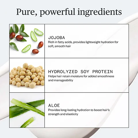 The image shows illustrations of jojoba beans and leaves, soybeans, and aloe vera leaves with corresponding text descriptions under the heading Pure powerful ingredients including Jojoba Rich in fatty acids provides lightweight hydration for soft smooth hair, Hydrolyzed Soy Protein Helps hair retain moisture for added smoothness and manageability, and Aloe Provides long-lasting hydration to boost hairs strength and elasticity.