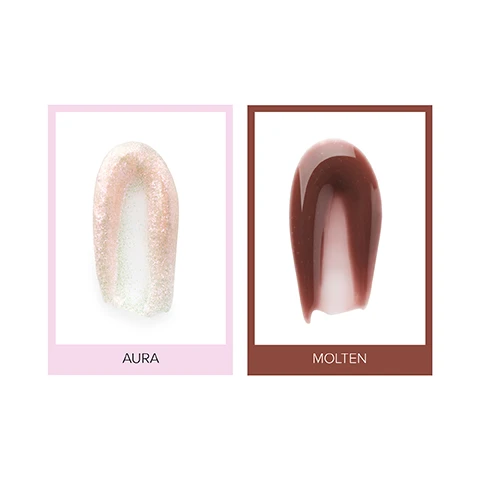 Image 1 - Two cosmetic swatches on a white background: the left swatch is an iridescent pink-gold-green gloss labeled AURA, and the right swatch is a glossy deep brown gloss labeled MOLTEN. Image 2 - Four glossy lip product swatches are shown on three different skin tones, labeled Phantom, Molten, Pulse, and Aura. Image 3 - A close-up shows a flat-paddle shaped applicator coated in a peach-nude lip gloss, with visible text reading FLAT-PADDLE SHAPED APPLICATOR Delivers the perfect amount of product with precision and the partial brand name ANASTASIA. Image 4 - A peach-toned lip gloss tube with a rose gold cap and its applicator are shown next to swatches of the product on a light background, with text reading ANASTASIA BEVERLY HILLS, HIGHLY-PIGMENTED, ULTRA-SMOOTH FORMULA WITH SEAMLESS GLIDE-ON, HIGH-SHINE, NON-STICKY FINISH WITH COMFORTABLE WEAR, LIGHT-REFLECTING SHADES IN TINTED + SHIMMER FINISHES. Image 5 - A close-up shows a person applying a peach-toned lip gloss to their lower lip with a paddle applicator, with the text HOW TO APPLY Apply to the center of the top and bottom lip. Use the tip of the flat-paddle applicator to shape the lip line with precision.