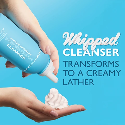 Image 1 - A hand dispenses white whipped cleanser from a light blue Peter Thomas Roth Water Drench Whipped Cream Cleanser bottle into another hand, with text on a blue background reading Whipped Cleanser Transforms To A Creamy Lather. Image 2 - A split image shows a womans face before and immediately after makeup removal, with the left side showing her wearing eye makeup, blush, and lipstick, and the right side showing her face clean of makeup, followed by the text BEFORE IMMEDIATELY AFTER Clinically proven to remove all types of makeup, including water-resistant. Unretouched photo of immediate results. Individual results may vary. Based on an immediate clinically measured study on 31 women ranging in age between 19 and 50. Image 3 - A smiling person with closed eyes applies a white foamy cleanser to their face against a blue background, with text that reads DELICIOUSLY EFFECTIVE, Deep-cleans without dryness or tightness, Removes water-resistant makeup, Improves the skin barrier after just 1 cleanse*, ACCEPTED National Eczema Association, SUITABLE FOR SENSITIVE & ECZEMA-PRONE SKIN, *Based on an immediate clinically measured study on 31 women ages 19 to 55. Image 4 - A close-up image shows a person with dark skin cleansing their face with white foam, with the visible text 100% agree skin feels clean after just 1 use* 93% agree skin feels hydrated and nourished with continued use* Based on an immediate and 1-week consumer perception study on 31 women ranging in age from 19 to 50. Image 5 - A light blue Peter Thomas Roth Water Drench Whipped Cream Cleanser bottle with white foam spilling out is shown, with text on the left listing HYALURONIC ACID Combats any tightness or dryness from cleansing, APPLE EXTRACT, PROVITAMIN B5 & SHEA BUTTER Nourish and defend against moisture loss, SUNFLOWER SEED OIL & COCONUT ACID Deep-clean to dissolve makeup and impurities, and text on the bottle reading PETERTHOMASROTH WATER DRENCH WHIPPED CREAM CLEANSER hyaluronic acid apple extract provitamin B5 NET WT. 6.7 OZ / 190 g. Image 6 - A person applies white whipped cleanser from a light blue bottle onto their cheek, next to text that reads GET YOUR SKIN Whipped CLEAN 1 SHAKE UP + WHIP ON 2 LATHER + RINSE OFF WHIP TIP: Rinse nozzle after use to prevent product buildup! Image 7 - Four light blue Peter Thomas Roth Water Drench skincare products are lined up on a surface, each connected by a blue line to its step in a routine for fresh and hydrated skin, with the overall title Water Drench® Routine For Fresh & Hydrated Skin; the first product is a Cleanse Whipped Cream Cleanser labeled Peter Thomas Roth Water Drench Whipped Cream Cleanser Net Wt. 6.7 Oz / 190 G; the second is a Mist Ice-Facial Cooling Mist labeled Peter Thomas Roth Water Drench Ice-Facial Cooling Mist Brume Rafraîchissante 125 ml / 4 fl oz; the third is a Glow Hyaluronic Glow Serum labeled Peter Thomas Roth Water Drench Glow Serum 30 ml / 1 fl oz; and the fourth is a Moisturize Hyaluronic Jelly Moisturizer labeled Clinical Skin Care Water Drench Hyaluronic Jelly Moisturizer Gel Hydratante à lAcide Hyaluronique Net Wt. 1.7 Oz / 48 G.