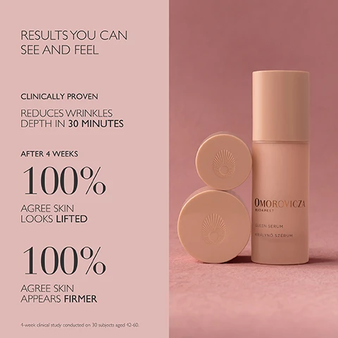 Image 1 - A split image showing text about clinical results on the left and Omorovicza skincare products on the right with the text RESULTS YOU CAN SEE AND FEEL CLINICALLY PROVEN REDUCES WRINKLES DEPTH IN 30 MINUTES AFTER 4 WEEKS 100% AGREE SKIN LOOKS LIFTED 100% AGREE SKIN APPEARS FIRMER 4-week clinical study conducted on 30 subjects aged 42-60. Omorovicza Budapest Queen Serum Királyno Szérum. Image 2 - Image lists three science backed ingredients, their descriptions, and is powered by The Healing Concentrate, with text reading Science Backed Ingredients MEDITERRANEAN MICROALGAE Retinol-like effect without irritation Improve skin elasticity, resurface wrinkles, visibly firm and lift CHINESE LEAF EXTRACT Lifts facial contours whilst smoothing out wrinkles Ideal for menopausal skin LITHOPS STEM CELL Strengthen, revitalise and volumise Powered by The Healing Concentrate™.