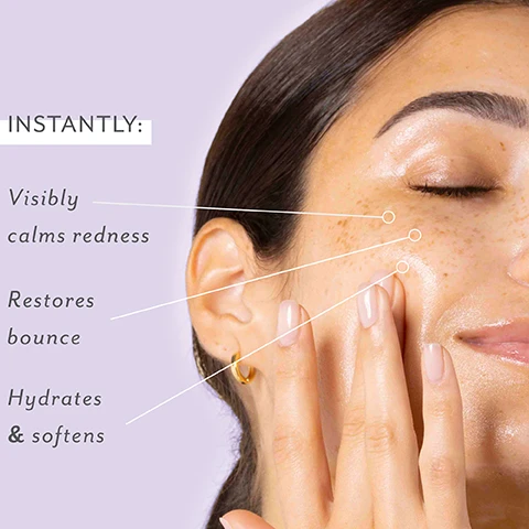 Image 1 - Close-up of a woman touching her face with text reading INSTANTLY: Visibly calms redness Restores bounce Hydrates & softens. Image 2 - Creamy white substance on a purple background with text that reads ECTOIN: Repairs & protects CERAMIDES: Hydrate & strengthen PROBIOTICS: Balance & soothe. Image 3 - Before and after comparison of a womans face showing skin improvement, labeled BEFORE and AFTER, with the text Visibly restored skin barrier.