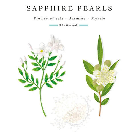 An illustration shows a jasmine branch with white flowers, a myrtle branch with a white flower and green berries, and a pile of salt crystals, with text SAPPHIRE PEARLS, Flower of salt - Jasmine - Myrtle, Solar & Aquatic.
