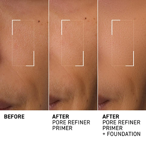 Image 1 - A close-up comparison of skin texture across three panels showing before and after applying pore refiner primer and primer with foundation, labeled BEFORE, AFTER PORE REFINER PRIMER, and AFTER PORE REFINER PRIMER + FOUNDATION. Image 2 - A close up split image shows a persons face before and after product application with text reading BEFORE and PORE REFINER PRIMER AFTER 1 APPLICATION. Image 3 - Image shows a woman holding a tube of Dr Brandt Pore Refiner Primer next to text that reads Dr BRANDT PORE REFINER PRIMER AFFINEUR DE PORES BASE DE TEINT minimize the look of pores and mattify shine minimise lapparence des pores et matifie le sébum and 100% showed a decrease in the appearance of pore size and *Instrumental evaluation conducted on 30 volunteers. Image 4 - A side by side comparison shows a persons skin texture before and after applying pore refiner primer, with text labels BEFORE and PORE REFINER PRIMER AFTER 1 APPLICATION. Image 5 - A split-screen before and after image of a face showing smoother skin after using a pore refiner primer with the text BEFORE and PORE REFINER PRIMER AFTER 1 APPLICATION. Image 6 - A swirl of light brown cream on a clear dish with text labels Salicylic Acid unclogs and refines pores, Red Clover Flower Extract shrinks the appearance of pores, Oil Absorbing Spheres mattifies skin. Image 7 - A tube of Dr. Brandt Pore Refiner Primer sits on a purple background with clear spheres and geometric shapes, with icons to the left stating Synthetic Fragrance Free, Paraben Free, Cruelty Free, and Sulfate Free, and the tube reads Dr. BRANDT INTEGRATIVE DERMATOLOGY PORE REFINER PRIMER AFFINEUR DE PORES BASE DE TEINT MATTE FINISH PERFECTOR PERFECTEUR DE FINITION MATTE DR. B.