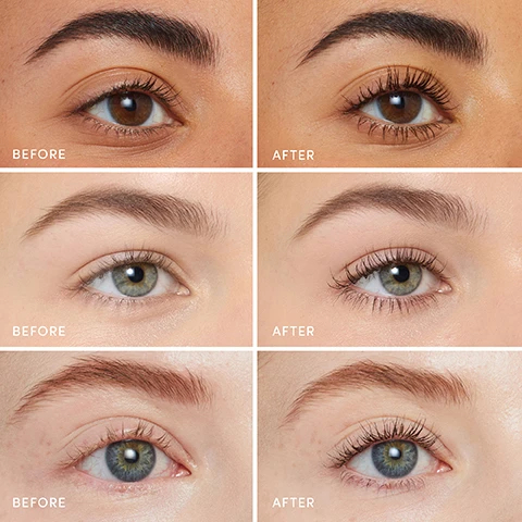 Image 1 - Comparison image showing before and after results on three different peoples eyes with increased lash volume and length labeled BEFORE and AFTER. Image 2 - Gold mascara tube with a swirl of black mascara and text that says What is tubing mascara? Our innovative tubing mascara creates 360-degree tubes that bind to lashes. Smudge-proof Longer-looking Long-lasting Gentle on sensitive eyes. Image 3 - Image shows two methods for removing tubing mascara, using a cloth or fingers, with visible text reading Easy tubing mascara removal REMOVE WITH MAGIC MITT® Saturate with warm water and press against lashes to loosen and remove the lash-shaped tubes OR REMOVE WITH FINGERS Lash-shaped tubes slide off with just warm water and gentle pressure. Image 4 - The image displays four ingredients with accompanying text: Carnauba Wax represented by creamy substance and flakes, text Carnauba Wax gives a creamy texture and helps build volume; Rice Curl Complex represented by scattered rice grains, text Rice Curl Complex helps to lift lashes and enhance curl retention; Jojoba Seed Oil represented by a seed and oil droplets, text Jojoba Seed Oil rich in antioxidants and helps to moisturize; and Upcycled Jackfruit Extract represented by jackfruit pieces and liquid droplets, text Upcycled Jackfruit Extract supports hydration and helps protect lashes. Image 5 - Split image of an eye showing the result immediately after application and 8 hours later, with text labels IMMEDIATELY AFTER APPLICATION and 8 HOURS AFTER APPLICATION.