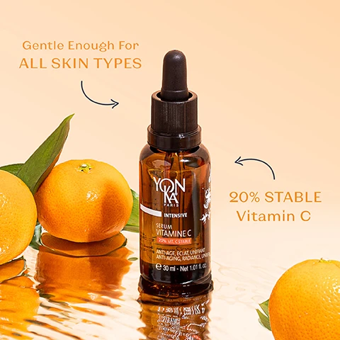 Image 1 - Image shows a Yon-Ka Paris serum bottle and oranges with text Gentle Enough For ALL SKIN TYPES, 20% STABLE Vitamin C, and on the bottle YON KA PARIS INTENSIVE SERUM VITAMINE C 20% VIT. C STABLE ANTI-AGE ECLAT UNIFIANT ANTI-AGING RADIANCE UNIFYING e 30 ml - Net 1.01 fl. oz. Image 2 - Product image shows Yon-Ka Paris Serum Vitamin C bottle with ingredients and benefits text: Turmeric Cells Boosts collagen & elastin synthesis, 20% Stable Vitamin C Ascorbyl tetraisopalmitate - A potent antioxidant for bright, even-toned skin, Pomegranate Cells Targets & helps prevent hyperpigmentation, and bottle text Yon-Ka Paris Intensive Serum Vitamine C 20% Vit. C Stable Anti-Âge, Éclat, Uniformité Anti-Aging, Radiance, Eveness 30 ml - Net 1.01 fl. oz. Image 3 - Split image showing a side-by-side comparison of a persons face before and after treatment highlighting areas of skin texture and spots with the text AFTER 28 DAYS BEFORE* Day 1 Of Use AFTER* Day 28 Of Use. Image 4 - A Yon-Ka Paris serum bottle with an orange slice above it is shown next to text listing product results: After 28 Days: +18% Increase in Skin Tonicity, -30% Reduction of Wrinkle Depth. After 56 Days: -44% Reduction of Dark Spots, -50% Reduction of Spot Contrast. Clinical test conducted under dermatological supervision. Test conducted on 21 women - Application morning and evening. YONKA PARIS INTENSIVE SERUM VITAMINE C 20% VIT. C STABLE ANTI-AGE, ÉCLAT, UNIFIANT, ANTI-AGING, RADIANCE, UNIFYING e 30 ml - Net 1.01 fl. oz. Image 5 - Image shows Yon-Ka Paris Glyconight 10% mask tube and Serum Vitamine C bottle with the text Works Together To Prevent SIGNS OF AGING & DARK SPOTS. Image 6 - A bottle of Yon-Ka Paris serum with orange slices and serum droplets on an orange background, featuring the text Best Vitamin C Serum WHO WHAT WEAR. Image 7 - An image shows Yon-Ka Paris skincare products and an orange slice illustrating a skincare routine with the text How To Fit SERUM VITAMINE C Into Your Skincare Routine 1. CLEANSE 2. TONE 3. BRIGTHEN DARK SPOTS 4. MOISTURIZE.