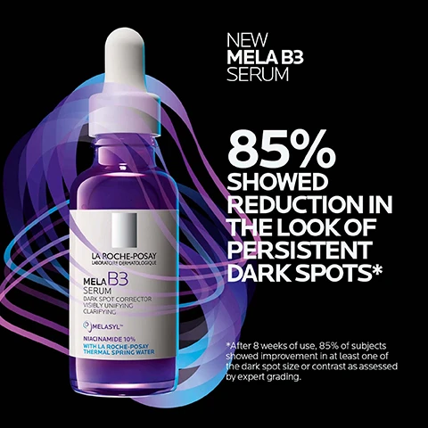 Image 1 - A purple serum bottle with a dropper on a black background with abstract waves, featuring the text NEW MELA B3 SERUM 85% SHOWED REDUCTION IN THE LOOK OF PERSISTENT DARK SPOTS* with product label text LA ROCHE-POSAY LABORATOIRE DERMATOLOGIQUE MELA B3 SERUM DARK SPOT CORRECTOR VISIBLY UNIFYING CLARIFYING MELASYL NIACINAMIDE 10% WITH LA ROCHE-POSAY THERMAL SPRING WATER and disclaimer text *After 8 weeks of use, 85% of subjects showed improvement in at least one of the dark spot size or contrast as assessed by expert grading. Image 2 - An image split into three panels showing abstract visuals for ingredients Melasyl, Niacinamide, and Thermal Spring Water with text describing each ingredient MELASYL™ NEW MULTI-PATENTED INGREDIENT NIACINAMIDE HELPS VISIBLY FADE SKIN DISCOLORATIONS THERMAL SPRING WATER SOOTHING ANTIOXIDANT A UNIQUE WATER RICH IN SELENIUM A NATURAL ANTIOXIDANT. Image 3 - Four faces side-by-side showing different skin tones with a bottle of La Roche-Posay Mela B3 serum on the right and text that reads PROVEN ON ALL SKIN TONES *BASED ON A 10WEEK STUDY ON 73 WOMEN OF ALL SKIN PHOTOTYPES LA ROCHE-POSAY LABORATOIRE DERMATOLOGIQUE MELAB3 SERUM DARK SPOT CORRECTOR VISIBLY UNIFYING CLARIFYING MELASYL NIACINAMIDE 10% WITH LA ROCHE-POSAY THERMAL SPRING WATER. Image 4 - A hand is shown above a bottle of La Roche-Posay MelaB3 Serum next to the text APPLY 3-4 DROPS TO FACE AND NECK AFTER CLEANSING MORNING AND/OR EVENING, LA ROCHE-POSAY LABORATOIRE DERMATOLOGIQUE MELAB3 SÉRUM CONCENTRÉ INTENSIF ANTI-TACHES, ANTI-RÉCIDIVE INTENSIVE ANTI-DARK SPOTS CONCENTRATE, ANTI-RECURRENCE MELASYL™ 10% NIACINAMIDE/VITAMIN B3 AVEC DE LEAU THERMALE DE LA ROCHE-POSAY. Image 5 - The image displays the La Roche Posay logo and four blue icons representing product features, followed by the text LA ROCHE POSAY LABORATOIRE DERMATOLOGIQUE, DERMATOLOGIST TESTED, ALLERGY TESTED, PARABEN FREE, and NON-COMEDOGENIC.