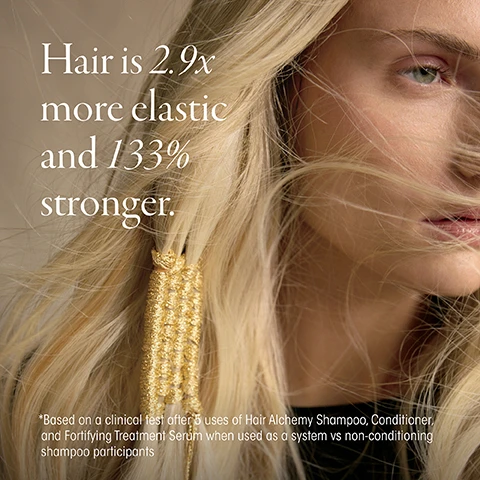 Image 2 - A close-up of a blonde womans face with her hair blowing, featuring a golden textured hair tie, with text that reads: Hair is 2.9x more elastic and 133% stronger. *Based on a clinical test after 5 uses of Hair Alchemy Shampoo, Conditioner, and Fortifying Treatment Serum when used as a system vs non-conditioning shampoo participants. Image 3 - The image shows three Oribe Hair Alchemy products, including a shampoo bottle, a conditioner tube, and a styling balm tube, arranged with a decorative gift box on a light surface, accompanied by the text Strengthen, Lengthen and Go. HAIR ALCHEMY HEATLESS STYLING SET. The standing shampoo bottle reads ORIBE Hair Alchemy Resilience Shampoo après-shampooing résilience. The standing conditioner tube reads ORIBE Hair Alchemy Resilience Conditioner après-shampooing résilience. The lying styling balm tube reads ORIBE Hair Alchemy Heatless Styling Balm baume coiffant sans chaleur 50 ml e. The decorative box reads ORIBE Hair Alchemy Heatless Styling Set ensemble de produits de coiffure non chauffants. Below the products, instructions are provided: STEP 1: Apply Hair Alchemy Shampoo to wet hair. Lather, indulge, and rinse. STEP 2: Follow with Hair Alchemy Conditioner. Massage, indulge for at least one minute, and rinse. STEP 3: Finish with Hair Alchemy Heatless Styling Balm, apply to damp hair and set with preferred heatless styling method. Can also be air-dried to define waves and natural texture. Image 5 - A cream-colored panel on a gold, blue, and black abstract background features a photograph of artist Kustaa Saksi, a man with a mustache and a dark beanie, wearing a black jacket and light shirt, standing in front of a similar gold, blue, and black patterned wall, with the text Meet the Artist, Kustaa Saksi written vertically, and This holiday season, Oribe’s celebration of craftsmanship and exceptional artistic talent comes to life in collaboration with multidisciplinary Finnish artist, Kustaa Saksi. Image 6 - A white rectangle containing text is displayed on a background of abstract black, blue, and golden leaf-like patterns; the text reads: Sustainable Packaging For the holiday 2025 gift sets, Oribe reduced its impact on the environment by partnering with a green packaging provider to produce the exterior packaging at a zero-waste, zero emission facility that uses 100% clean energy and 100% recycled or reused water. The sets are made from 100% post-consumer recycled (PCR) paper printed with soy inks. Some sets include an internal tray made from 100% biodegradable and renewable bamboo and bagasse, an agricultural waste derived from sugarcane.