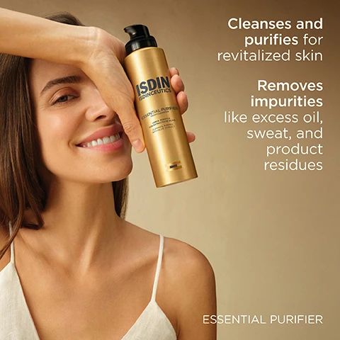 Image 1 - A smiling woman holds a gold bottle of skincare product partly covering her face, with text reading ISDIN ISDINCEUTICS ESSENTIAL PURIFIER, Cleanses and purifies for revitalized skin, Removes impurities like excess oil, sweat, and product residues, and ESSENTIAL PURIFIER. Image 2 - A gold bottle of ISDIN Essential Purifier Foam Cleanser with a black pump is displayed on white draped fabric, alongside text highlighting features: 86% of ingredients of natural origin, Tested on all skin types, Suitable for sensitive skin, and Non-comedogenic, while the bottle itself is labeled ISDIN ISDINCEUTICS Essential Purifier Foam Cleanser, Limpia Purifica con Extracto de Olivo, Cleanses Purifies with Olive Extract, and the product name Essential Purifier is also prominently displayed at the bottom. Image 3 - The image displays product study results on a light background with text reading: Results: -91% Impurities¹, -23% Imperfections², 100% Noted softer, silkier skin after 1 use³, 100% Noted immediately refreshed skin after 1 use³; the footnotes provide details, with footnote one stating, Clinical study on 30 subjects (25-65 years old) with all skin types after a single use of Essential Purifier, data on file, ISDIN Corp, Morristown, NJ, 2025; footnote two states, Clinical study on 30 adult subjects with combination and oily skin, using Essential Purifier twice a day for 28 days, data on file, ISDIN Corp, Morristown, NJ, 2025; and footnote three states, Subjective evaluation of the efficacy of Essential Purifier on 30 subjects with all skin types, data on file, ISDIN Corp, Morristown, NJ, 2025. Image 4 - The image shows three golden ISDIN ISDINCEUTICS cleansers stacked horizontally: an Essential Cleansing Oil-Based Cleanser dripping, an Essential Scrub Exfoliating Cleanser with product squeezed out, and an Essential Purifier Foam Cleanser dispensing white foam, alongside the text Unique textures and sensations, same cleansing power. Image 5 - A gold pump bottle of ISDIN Essential Purifier Foam Cleanser rests on white foam, displaying text on the bottle ISDIN ISDINCEUTICS, ESSENTIAL PURIFIER, FOAM CLEANSER, LIMPIA, PURIFICA, CON EXTRACTO DE OLIVO, CLEANSES, PURIFIES, WITH OLIVE EXTRACT, alongside additional text Mediterranean olive leaf extract Soothes and protects, Saccharide isomerate Hydrates, Lavender extract Calming antioxidant, and ESSENTIAL PURIFIER. Image 6 - A smiling woman holds a white ball of foam near her ear, with the text The efficacy of a foam, the fluffiness of a cloud. Image 7 - A smiling woman applies a white foamy product to her cheek, with text reading Use daily in your morning and night routines. Apply with a gentle massage. and ESSENTIAL PURIFIER.
