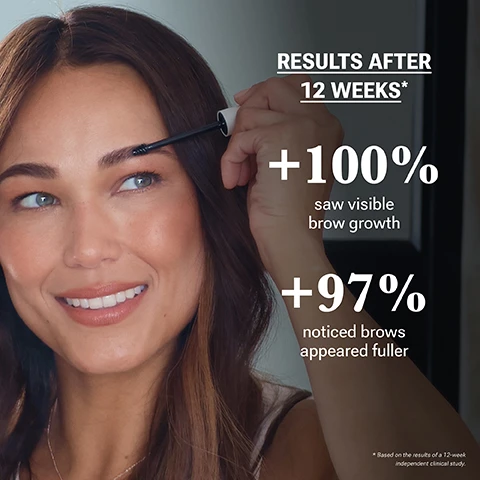 Image 1 - A woman with brown hair and light eyes is smiling while applying a brow product to her left eyebrow, with overlaid text stating RESULTS AFTER 12 WEEKS*, +100% saw visible brow growth, +97% noticed brows appeared fuller, and *Based on the results of a 12-week independent clinical study. Image 2 - A before and after image displays a sparse eyebrow transformed into a fuller, darker one, with two white NULASTIN BROW serum bottles, one open with its blue applicator, alongside the text Real People. Real Results. BEFORE AFTER Two swipes. Twice a day. Results in 6 weeks. NULASTIN BROW SHAPE ALTERING SERUM ELASTIN REPLENISHMENT. Image 3 - A smiling woman with dark hair looks upwards next to a timeline for product results that reads: Timeline for Visible Results 0-3 WEEKS Elastin begins to activate at the root of the hair follicle. 3-6 WEEKS Start seeing subtle changes, like visibly denser brows. 6-12 WEEKS Your most transformative weeks. Brows appear thicker and fuller. Image 4 - An image comparing Nulastin brow serum options, showing one bottle with text Brow Serum Single 4-6 Week Supply next to text See Clinical Results with 1 Elastin begins to activate at the root of the hair follicle. Start seeing subtle changes. Below it, two bottles with text Brow Serum 2-Pack 8-12 Week Supply next to text Triple the Results with 2 Get the most transformative results. Brows appear thicker and fuller. Image 5 - A hand sets down a white Nulastin BROW serum bottle, prominently featuring a large N logo and text that reads NULASTIN BROW SHAPE ALTERING SERUM ELASTIN REPLENISHMENT 0.1 oz | 3 ml, while the surrounding image displays additional text: Award Winning BROW Serum, Paraben Free, Mineral Oil Free, Silicone Free, Cruelty Free, Dermatologist Tested, and Clinically Proven. Image 6 - A light cream or serum substance with lines pointing to text describing ingredients: Signal Proteins Supports brow density, color & strength by nourishing the hair at the root. Elastin Protein Helps anchor brow hairs to reduce fallout and boost fullness. Keratin Protein Strengthens each brow strand for a healthier, thicker look. Image 7 - An illustration of a hair follicle cross-section, showing the Hair Shaft, Hair Follicle, Hair Bulb, Epidermis, Dermis, and the web-like Elastin Root™ System surrounding the bulb, with accompanying text titled Elastin Replenishing which states Elastin is one of the most vital proteins for preserving the integrity of your skin—and even more important for your hair. It envelops every hair follicle and makes up the Elastin Root™ System, a web-like structure that anchors-and-binds follicles at the root, helping to reduce shedding and fall-out. Image 8 - A close-up image of a black brow mascara brush with bristles on a purple background, displayed with a five-star rating and the customer testimonial: I truly cant believe how well this product works. I went from hardly any brows to full and dark ones, once again! Holly S. Verified Customer Excerpt.