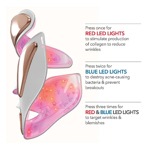 Image 1 - A white and rose gold LED facial mask displaying red and blue lights inside, with text that reads: Press once for RED LED LIGHTS to stimulate production of collagen to reduce wrinkles; Press twice for BLUE LED LIGHTS to destroy acne-causing bacteria & prevent breakouts; Press three times for RED & BLUE LED LIGHTS to target wrinkles & blemishes. Image 2 - A person wears a white and rose gold LED light therapy mask with red lights on a dark red background filled with glowing red dots, next to the text CLINICAL PROOF 97% showed an improvement in fine lines, wrinkles, and skin tone* 97% showed an improvement in acne** *AFTER 10 WEEKS **AFTER 2 WEEKS. Image 3 - A diagram titled HOW OUR LED WORKS, 5 WAVELENGTHS OF LIGHT, Clinically proven to reduce wrinkles & clear acne, features an FDA CLEARED badge and illustrates five colored light beams – Blue 415nm, Amber 605nm, Red 630nm, Deep Red 660nm, and Infrared 880nm – penetrating different depths of skin layers labeled EPIDERMIS, DERMIS (Collagen Fibers), and HYPODERMIS, with the Infrared light pointing to a WRINKLE. Image 4 - A white and rose gold facial LED light therapy mask is shown against a soft pink background, emitting a gentle light, with the overlaid text WHAT IS LED LIGHT THERAPY? LED STANDS FOR LIGHT EMITTING DIODE, is a highly focused pure light, emitted through semi-conductor chips, which are like light bulbs. Image 5 - A split image shows a womans face before and after treatment, with fewer wrinkles visible after 4 weeks, alongside a white and rose gold facial mask, with text that reads DRx SpectraLite™ FaceWare Pro, BEFORE, AFTER 4 WEEKS, Clinically Proven to build collagen and reduce wrinkles. Image 6 - A three-panel image displays a close-up of a persons cheek with hyperpigmentation, progressively showing reduced dark spots and improved skin tone before, after 2 weeks, and after 12 weeks of treatment, alongside Dr Dennis Gross Alpha Beta Universal Daily Peel product sachets and box, with text reading Alpha Beta® Universal Daily Peel, BEFORE, AFTER 2 WEEKS, AFTER 12 WEEKS, Dr Dennis Gross Alpha Beta® Universal Daily Peel 1 Exfoliate & Smooth Peeling Quotidien Universel 1 Treatment / 1 Traitement, Dr Dennis Gross Alpha Beta® Universal Daily Peel 2 Anti-Aging Neutralizer Neutralisation Anti-Age 1 Treatment / 1 Traitement, Dr Dennis Gross Alpha Beta® Universal Daily Peel, A patented, 2-step peel with 5 acids to: Help smooth fine lines Minimize the look of pores Improve the appearance of uneven tone & texture, Achieve clinical results at home, 5 treatments / 0.07 fl oz / 2.2ml each step e, and Clinically Proven to reduce redness, hyperpigmentation and increase radiance. Image 7 - A before and after comparison shows a persons nose and cheek area, with the top image displaying skin with visible redness and uneven tone labeled BEFORE, and the bottom image displaying reduced redness and a more even skin tone labeled AFTER 24 HOURS; in the bottom right is a jar of Dr Dennis Gross Vitamin C Lactic Dewy Deep Cream Soin Hydratant Intense Fermeté Lift, and the full text on the image reads Vitamin C Lactic Dewy Deep Cream Clinically Proven to visibly brighten and even skin tone.