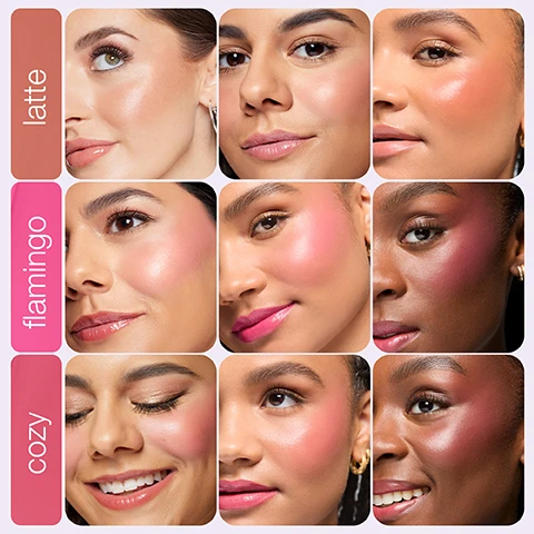 Image 2 - A grid of nine images displays the blush shades Latte, Flamingo, and Cozy, each shown on three different models with varying skin tones. Image 3 - An image features three Tarte Maracuja Juicy Multi-Stick products in pink, peach, and berry shades, positioned around two slices of tiramisu-like cake and a golden gingerbread man charm on a white lace doily, displaying the text free gingerbread charm and tarte MARACUJA JUICY MULTI-STICK. Image 4 - A smiling woman with a natural makeup look holds a clear package containing three purple Tarte Maracuja Juicy Multi-Sticks, detailed with striped labels and a gingerbread man charm, with the visible text free multi-stick & reusable pouch, Remmi in flamingo, 1 FREE I GRATUIT, kindness cafe est 99, tarte, Maracuja Juicy Multi-Stick, and tarte high-performance naturals. Image 5 - A smiling woman with closed eyes, winged eyeliner, and rosy blush holds a beige mug featuring latte art and the text all day longwear blush, with an additional caption Kate in latte. Image 6 - A close-up of a woman with braided hair wearing rosy blush, matching eyeshadow, and glossy pink lips, with text reading blush & lip, Wear for a matching look!, and SHADE cozy next to a pink product swash. Image 7 - A smiling woman with glossy pink lips and subtle makeup, wearing hoop earrings, holds up a clear Tarte Cosmetics gift set featuring a gingerbread man charm and three multi-sticks in shades Latte, Cozy, and Flamingo, while visible text states gift to a friend (or keep for yourself!), 1 FREE, 1 GRATUIT, to: Stephanie, from: Remmi, 3 bite-size multi-sticks creamy buildable lip & cheek color, 3 sticks multi-usages petit format couleur lèvres et joues onctueuse et modulable, cheek soufflé maracuja juicy multi-stick trio soufflé pour les joues - trio multi-sticks maracuja, net wt 4.25 g / 0.14 oz. x 3, cruelty-free and vegan, 12M, @tartecosmetics, high-performance naturals. Image 8 - Two Tarte Maracuja Juicy Multi-Sticks are displayed side-by-side, a taller one labeled full-size and a shorter one labeled not-so-mini, mini, both showing red-pink product and the text tarte, MARACUJA JUICY MULTI-STICK, set against a pink tiled background with cupcakes. Image 9 - A Tarte Maracuja Juicy Multi-Stick with its reddish-brown balm visible is depicted along with a second stick and fruit slices including passion fruit, kiwi, and grapefruit on a light purple background, displaying text that states 60%+ skin-loving ingredients, delivers moisture for firmer smoother looking skin hyaluronic acid, nourishes & hydrates 13 oil blend, antioxidant-rich to help smooth nourish & hydrate 10+ superfruit complex, and the product label tarte MARACUJA JUICY MULTI-STICK.