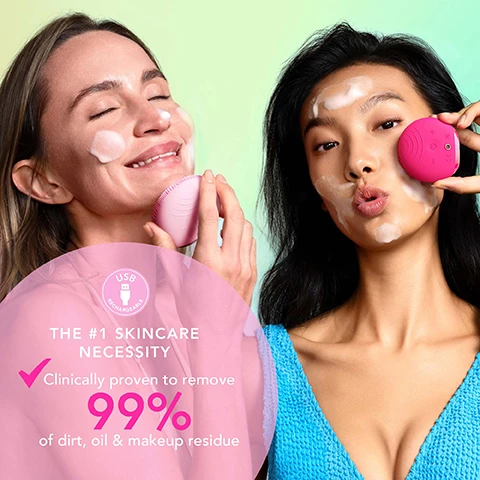 Image 1 - Two women cleanse their faces with pink sonic devices and foamy cleanser, one smiling with closed eyes and the other puckering her lips while holding the device to her cheek, next to text that reads USB RECHARGEABLE THE #1 SKINCARE NECESSITY Clinically proven to remove 99% of dirt, oil & makeup residue. Image 2 - An illustration shows a skin pore being cleaned as dark particles are extracted upwards, surrounded by transparent cells with pink centers and blue energy waves, with text that reads Effectively Cleans, Boosts Radiance, Enhances Absorption. Image 3 - Three Foreo Luna cleansing products are displayed against a pink tiled background: a pink jar of Ultra-Nourishing Cleansing Balm, a white tube of Micro-Foam Cleanser 2.0 (100 mL e 3.3 fl.oz.), and a fuchsia silicone cleansing device with foam, along with text that reads: USE LUNA™ 4 play AS PART OF A FULL FOREO™ CLEANSING ROUTINE (SOLD SEPARATELY).
