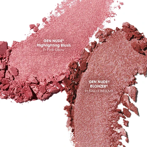 Image 2 - Two swatches of shimmering loose powder makeup are shown, with the pink swatch labeled GEN NUDE® Highlighting Blush in Pink Glow and the reddish-mauve swatch labeled GEN NUDE® BLONZER® in Kiss of Mauve. Image 3 - A grid of four close-up images showcases two makeup products on different skin tones: the top left shows GEN NUDE® Highlighting Blush in Pink Glow on a light skin tone, the top right shows GEN NUDE® BRONZER® in Kiss of Mauve on a light skin tone, the bottom left shows the highlighting blush on a dark skin tone, and the bottom right shows the bronzer on a dark skin tone. Image 4 - Two open black compacts with shimmery pink makeup, each featuring a starburst design, are displayed on a light green background with scattered gold star confetti, accompanied by the text Two Full Sizes, $35, $58 VALUE, and product labels bareMinerals BRONZER and bareMinerals HIGHLIGHTING BLUSH. Image 5 - A close-up of a persons face showing dotted lines for makeup application and two makeup compacts, with visible text reading bareMinerals BLONZER®, bareMinerals HIGHLIGHTING BLUSH, HOW TO GET GLOWING, STEP 1 GLOW sweep BLONZER® in a W shape over cheeks and nose, STEP 2 HIGHLIGHT sweep Highlighting Blush in a C shape from cheekbones up to brow.
