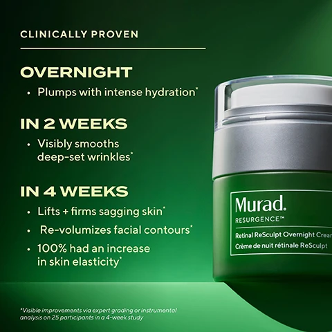 Image 1 - A promotional image on a dark green background displays a green and silver jar of Murad RESURGENCE Retinal ReSculpt Overnight Cream, also labeled Crème de nuit rétinale ReSculpt, alongside text that reads: CLINICALLY PROVEN OVERNIGHT Plumps with intense hydration*, IN 2 WEEKS Visibly smooths deep-set wrinkles*, IN 4 WEEKS Lifts + firms sagging skin*, Re-volumizes facial contours*, 100% had an increase in skin elasticity*, with an asterisked note at the bottom *Visible improvements via expert grading or instrumental analysis on 25 participants in a 4-week study. Image 2 - A split image shows a womans face before and after two weeks of using a product, with the left side showing prominent wrinkles and the right side showing visibly diminished wrinkles and plumper skin around the eyes, forehead, and mouth, alongside a green Murad Retinal ReSculpt Overnight Cream jar, and visible text that reads BEFORE, AFTER 2 WEEKS*, UNRETOUCHED CLINICAL RESULTS, PLUMPER EYE + CHEEK AREAS, VISIBLY DIMINISHED FOREHEAD LINES + NASOLABIAL FOLDS, VISIBLY SMOOTHER WRINKLES AROUND EYES + MOUTH, Murad, RESURGENCE, Retinal ReSculpt Overnight Cream, Crème de nuit rétinale ReSculpt. Image 3 - A green background features a jar of white face cream with a swirl of product visible, alongside text that reads POWERED BY NAD+ LIFT COMPLEX + ENCAPSULATED RETINAL TECH Sleep time is prime time for skin repair, but the process slows as we age. This potent pairing of technologies radically improves visible signs of aging while fueling skin’s natural nightly repair function for a youthful, more lifted look. Image 4 - A split image displays a persons face before and after treatment: the left, labeled BEFORE, shows pronounced wrinkles; the right, labeled OVERNIGHT, shows visibly diminished wrinkles and smoother skin, with a dotted circle highlighting the jawline area and UNRETOUCHED CLINICAL RESULTS text below; beside this is a green jar of Murad RESURGENCE Retinal ReSculpt Overnight Cream and green text stating PLUMPER, FIRMER COMPLEXION, DEEP-SET WRINKLES VISIBLY DIMINISHED AT MARIONETTE LINES, RE-VOLUMIZED JAWLINE CONTOURS. Image 5 - A product information graphic features the title LUXURIOUS, ULTRA-RICH OVERNIGHT CREAM FORMULATED WITH: followed by three ingredient descriptions, each with a small corresponding image: Encapsulated Retinal Tech depicted by a light green fibrous substance states Delivers potent vitamin A (2.5x more*) deeper into skin with minimized irritation; NAD+ Lift Complex shown with green molecular structures states Inspired by longevity + cellular energy research, it ignites skin’s natural overnight repair for a youthful, more lifted look; Lipid-Rich Complex illustrated by orange liquid bubbles states Floods skin with hydrators to fuel skin’s nighttime recovery mode. Image 6 - A green informational graphic compares two types of retinoids with associated skincare product jars and the visible text: WHICH RETINOID IS RIGHT FOR ME? RETINOL Retinoid beginners Targets + prevents early signs of aging like fine lines and improves skin texture + tone The result: Firmer, smoother, glowing skin Murad. Retinol Youth Renewal Night Cream Crème de nuit rajeunissant au rétinol 50 ml / 1.7 fl oz RETINOL YOUTH RENEWAL NIGHT CREAM RETINaL Experienced retinoid users Targets + corrects advanced signs of aging like deep-set wrinkles, sagging + crepey skin The result: Plumper, dramatically lifted skin + resculpted facial contours Murad. RESURGENCE™ Retinal ReSculpt Overnight Cream Crème de nuit rétinale ReSculpt 50 ml / 1.7 fl oz. Image 7 - An image shows four Murad Retinal ReSculpt skincare products representing a 4-step nightly regimen on a light green background, displaying the text: 4 STEPS TO DRAMATICALLY LIFT + FIRM WITH RETINAL, YOUR NIGHTTIME REGIMEN, STEP 1 FACE SERUM, STEP 2 EYE CREAM, STEP 3 FACE CREAM, STEP 4 BODY CREAM, Murad. RESURGENCE. Retinal ReSculpt Overnight Treatment. Traitement régénérant de nuit à base de rétinal., Retinal ReSculpt Overnight Treatment, Murad. Retinal ReSculpt Eye Treatment. Traitement des yeux Retinal ReSculpt., Retinal ReSculpt Eye Treatment, Murad. RESURGENCE. Retinal ReSculpt Overnight Cream. Crème de nuit rétinale ReSculpt., Retinal ReSculpt Overnight Cream, Murad. RESURGENCE. Retinal ReSculpt Body Treatment. Traitement corporel Retinal ReSculpt. with targeted encapsulation tech + visibly firming lipids. avec technologie d’encapsulation ciblée + lipides visiblement raffermissants., Retinal ReSculpt Body Treatment, Effective, visible results with minimized irritation. Gentle enough for nightly use. Image 8 - A woman holds a green jar of Murad Retinal ReSculpt Overnight Cream, Crème de nuit rétinale ReSculpt, while the image displays text: LIFTS + FIRMS SAGGING, CREPEY SKIN: Jowls, Neck + jawline, Horizontal neck lines, SMOOTHS DEEP-SET WRINKLES: Marionette lines, Nasolabial folds, Forehead, BOOSTS SKIN ELASTICITY, DEEPLY HYDRATES + NOURISHES, *Visible improvements via expert grading or instrumental analysis on 25 participants in a 4-week study. Image 9 - A split image displays clinical results of a womans face and neck, with the left side labeled BEFORE showing a less defined jawline and the right side labeled AFTER 4 WEEKS* showing a more lifted jaw and neck, accompanied by the text UNRETOUCHED CLINICAL RESULTS, VISIBLY LIFTED JAW + NECKLINE, SMOOTHER FACIAL CONTOURS, BRIGHTER, PLUMPER COMPLEXION, and a jar of Murad RESURGENCE Retinal ReSculpt Overnight Cream with its label Murad RESURGENCE Retinal ReSculpt Overnight Cream Crème de nuit rétinale ReSculpt.