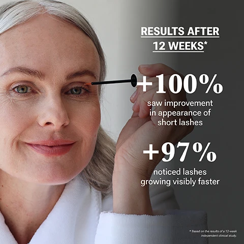 Image 1 - A woman with grey hair applies a lash serum to her right eye, next to text that reads RESULTS AFTER 12 WEEKS*, +100% saw improvement in appearance of short lashes, +97% noticed lashes growing visibly faster, * Based on the results of a 12-week independent clinical study. Image 2 - A side-by-side comparison shows a persons eye before and after using Nulastin Lash Serum, with the after photo displaying significantly longer and fuller eyelashes, alongside two bottles of the serum, accompanied by the text Real People. Real Results. BEFORE, AFTER, Two swipes. Twice a day. Results in 6 weeks. NULASTIN, LASH, FOLLICLE FORTIFYING SERUM, and ELASTIN REPLENISHMENT. Image 3 - A smiling woman with dark hair appears on the right while the left side displays text reading: Timeline for Visible Results, 0-3 WEEKS Elastin begins to activate at the root of the hair follicle, 3-6 WEEKS Start seeing subtle changes, like visibly budding lashes, 6-12 WEEKS Your most transformative weeks. Lashes appear thicker, longer and fuller. Image 4 - An image featuring Nulastin Lash Serum product options and details, displaying a single tube labeled LASH SERUM SINGLE 4-6 Week Supply and two tubes labeled LASH SERUM 2-PACK 8-12 Week Supply, with explanatory text that reads See Clinical Results with 1, Elastin begins to activate at the root of the hair follicle. Start seeing subtle changes, and Double the Results with 2, Get the most transformative results. Lashes appear thicker, longer and fuller. Image 5 - A hand holds a white bottle of Nulastin Lash Follicle Fortifying Serum 0.1 oz | 3 ml, alongside text that reads Award Winning LASH Serum, Paraben Free, Mineral Oil Free, Silicone Free, and below, Cruelty Free, Dermatologist Tested, Clinically Proven. Image 6 - A close-up of three clear or light-colored liquid drops on a pale background, with lines connecting each drop to text describing its benefits: Signal Proteins supports lash density, color & strength by nourishing the hair at the root; Elastin Protein helps anchor lash hairs to reduce fallout and boost fullness; Keratin Protein strengthens each lash strand for a healthier, thicker look. Image 7 - A diagram shows a cross-section of skin with a hair follicle, illustrating the Hair Shaft, Hair Follicle, Hair Bulb, Epidermis, Dermis, and Elastin Root™ System, accompanied by the title Elastin Replenishing and text that reads Elastin is one of the most vital proteins for preserving the integrity of your skin—and even more important for your hair. It envelops every hair follicle and makes up the Elastin Root™ System, a web-like structure that anchors-and-binds follicles at the root, helping to reduce shedding and fall-out. Image 8 - A black applicator wand with an orange pointed brush tip holding clear liquid is shown against a light purple background, above a customer review displaying five white stars and the text: This product is a miracle worker. After a month my lashes have grown and are getting thicker. Its worth every penny! Carolann K. Verified Customer Excerpt.