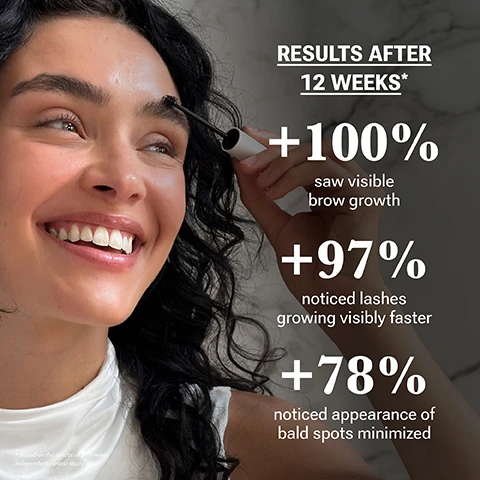 Image 1 - A smiling woman applies an eyebrow product with a brush to her brow, with text overlaid stating: RESULTS AFTER 12 WEEKS*, +100% saw visible brow growth, +97% noticed lashes growing visibly faster, +78% noticed appearance of bald spots minimized, and * Based on the results of a 12-week independent clinical study. Image 2 - A side-by-side image shows a persons scalp with sparse hair labeled BEFORE and the same scalp with visibly fuller hair labeled AFTER, displayed above two identical white bottles, with all visible text reading Real People. Real Results. BEFORE AFTER 30 seconds. Twice a day. Results in 12 weeks. NULASTIN N HAIR VIBRANT SCALP TREATMENT ELASTIN REPLENISHMENT 1.7 oz | 50 ml. Image 3 - A split image shows a close-up of a persons eye and eyebrow before and after using a product, with the before image showing sparser lashes and brows and the after image showing fuller lashes and brows, alongside two Nulastin product bottles, and includes the text Real People. Real Results. BEFORE AFTER Two swipes. Twice a day. Results in 6 weeks. NULASTIN LASH FOLLICLE FORTIFYING SERUM ELASTIN REPLENISHMENT NULASTIN BROW SHAPE ALTERING SERUM ELASTIN REPLENISHMENT. Image 4 - A smiling older woman with gray hair looks to the right next to a timeline that reads Timeline for Visible Results, 0-3 WEEKS Elastin begins to activate at the root of the hair follicle, 3-6 WEEKS Start seeing subtle changes, like visible baby hairs, budding lashes and denser looking brows, 6-12 WEEKS Your most transformative weeks. Hair, lashes and brows are visibly thicker and fuller. Image 5 - A hand holds a Nulastin Hair Vibrant Scalp Treatment bottle, with Nulastin Lash and Brow serums and a Nulastin scalp massager visible on a light wooden surface, accompanied by text reading Award Winning Solution Serum System, Paraben Free, Mineral Oil Free, Silicone Free, Cruelty Free, Dermatologist Tested, Clinically Proven. Image 6 - The image shows white liquid drops and swirls on a light background, with text describing ingredients: Signal Peptides supports hair density, color & strength by nourishing the hair at the root; Elastin Protein helps anchor hairs to reduce fallout and boost fullness; Keratin Protein strengthens each hair strand for a healthier, thicker look. Image 7 - A diagram illustrating the anatomy of a hair follicle embedded in the skin, showing the Hair Shaft, Hair Follicle, Hair Bulb, Epidermis, Dermis, and Elastin Root™ System, with accompanying text that reads Elastin Replenishing, Elastin is one of the most vital proteins for preserving the integrity of your skin—and even more important for your hair. It envelops every hair follicle and makes up the Elastin Root™ System, a web-like structure that anchors-and-binds follicles at the root, helping to reduce shedding and fall-out. Image 8 - The image features three Nulastin product bottles, a large one for hair and two smaller ones for lash and brow, displayed on a purple background next to a 5-star customer testimonial; the visible text reads: I have Trichotillomania (pick out my eyelashes when Im anxious) and I destroyed my eyebrows in the 90s; these serums have helped me soooooo much! Whitney F. Verified Customer Excerpt, NULASTIN HAIR VIBRANT SCALP TREATMENT ELASTIN REPLENISHMENT 1.7 oz | 50 ml, NULASTIN LASH FOLLICLE FORTIFYING SERUM ELASTIN REPLENISHMENT 0.1 oz | 3 ml, and NULASTIN BROW SHAPE ALTERING SERUM ELASTIN REPLENISHMENT 0.1 oz | 3 ml.