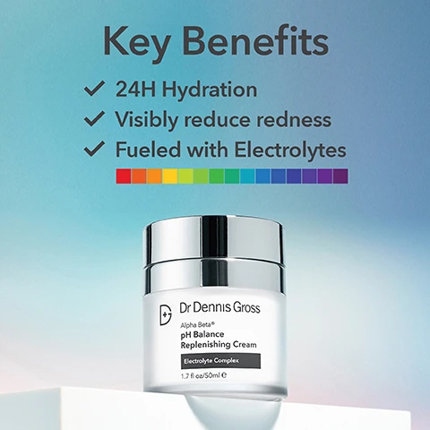 Image 1 - A white jar of Dr. Dennis Gross Alpha Beta pH Balance Replenishing Cream with a silver lid is featured against a light blue background, with accompanying text reading Key Benefits: 24H Hydration, Visibly reduce redness, Fueled with Electrolytes, and on the jar label: Dr Dennis Gross, Alpha Beta pH Balance Replenishing Cream, Electrolyte Complex, 1.7 fl oz/50mL. Image 10 - The image displays a list of symptoms for unbalanced skin with icons, including Dryness, Oil & Shine, Redness, and Rough Texture, followed by the text pH Balance is essential for optimizing skin health -Dr. Dennis Gross. Image 2 - A woman with light skin and blue eyes applies a white cream to her cheek with her fingers, with text stating 90% saw smooth, balanced, and restored skin* *in a 1wk clinical trial of 30 participants. Image 3 - A white and silver jar of Dr Dennis Gross Alpha Beta pH Balance Replenishing Cream is shown with a dollop of cream on its dispenser, placed on a reflective surface against a light blue background, accompanied by text that reads Clinical Proof, 93% felt soothed skin*, 90% said this cream adapted to their skins specific needs**, 86% saw less oily & shine-free skin**, *in a 4wk clinical trial of 30 participants, **in a 1wk clinical trial of 30 participants. Image 4 - A before-and-after comparison of a persons face, with the left side showing redness on the cheeks labeled BEFORE, and the right side showing reduced redness and calmer skin labeled IMMEDIATELY AFTER, accompanied by the text Clinically Proven to visibly reduce redness and calm sensitive skin. Image 5 - A before and after comparison image shows a person with dark skin, with the left side labeled BEFORE showing a less radiant complexion and the right side labeled AFTER 4 WEEKS showing visibly improved skin texture and radiance, accompanied by the text Clinically Proven to improve skin texture and radiance. Image 6 - An image displays three petri dishes, each containing a different liquid substance and labeled with a skincare ingredient and its benefit, along with the title Key Ingredients; the labels read AHAs & BHAs to gently exfoliate, Electrolyte Complex to hydrate & balance, and Phytic Acid to control oil & shine. Image 7 - An image displays four Dr. Dennis Gross moisturizer jars with accompanying descriptions, under the title Choose Your Moisturizer: the Alpha Beta pH Balance Replenishing Cream with HERO INGREDIENTS: Electrolyte complex, AHAs & BHAs, Phytic Acid, and YOU WANT: Instant hydration, smooth texture, smoothed balanced skin thats infused with essential electrolytes in a lightweight gel cream; the DermInfusions Blur + Repair Cream with HERO INGREDIENTS: Hyaluronic Acid, Shea Butter & Ceramides, Resveratrol, and YOU WANT: Blurred fine lines & pores, reduced redness, plumped skin, increased elasticity; the Vitamin C Lactic Dewy Deep Cream with HERO INGREDIENTS: 3-O Ethyl Ascorbic Acid, Lactic Acid, Squalane, and YOU WANT: Nourished, hydrated, & brighter skin; and the Advanced Retinol + Ferulic Intense Wrinkle Cream with HERO INGREDIENTS: Trans-Retinol + Encapsulated Retinol, Ferulic Acid, Rambutan, and YOU WANT: Visibly lifted, firmer skin with fewer lines & wrinkles. Image 8 - A bottle of Dr Dennis Gross Alpha Beta AHA BHA Daily Cleansing Gel, a box of Dr Dennis Gross Alpha Beta Universal Daily Peel with two packets, and a jar of Dr Dennis Gross Alpha Beta pH Balance Replenishing Cream are displayed on a reflective surface against a blue background, with overlay text that reads Shop the Collection, Smooth, Balance, Restore. Image 9 - An infographic titled Your Skincare Routine displays seven steps: Step 1 Cleanser, Step 2 LED, Step 3 Peel, Step 4 Serum, Step 5 Eye, Step 6 features a highlighted jar of Dr. Dennis Gross Phyto-Retinol Replenishing Cream, and Step 7 Sun Screen.
