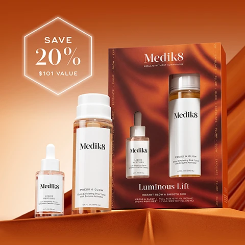 Image 1 - The image shows a Medik8 Luminous Lift skincare set featuring full size Press & Glow Daily Exfoliating PHA Tonic 6.7 FL. OZ. (200 mL) and Liquid Peptides Line Smoothing Serum 1.0 FL. OZ. (30 mL), displayed with individual bottles of these same products against an orange background, with visible text SAVE 20% $101 VALUE, Medik8 RESULTS WITHOUT COMPROMISE, INSTANT GLOW & SMOOTH DUO, and GLOW • EXFOLIATE • PLUMP. Image 2 - Two Medik8 skincare products, a tall tonic bottle and a dropper serum bottle, are displayed on an orange background with hexagonal patterns and liquid drops, with text reading AM YOUR DAILY GLOW & SMOOTH DUO, STEP 1: Exfoliating Tonic, Medik8 PRESS & GLOW Daily Exfoliating PHA Tonic with Enzyme Activator 6.7 FL. OZ. (200 ML), STEP 2: Serum, Medik8 LIQUID PEPTIDES 30% Complex Hydrating Peptide Serum 1.0 FL. OZ. (30 ML). Image 3 - Two Medik8 skincare products, a taller Press & Glow Daily Exfoliating PHA Tonic 6.7 FL. OZ. (200 ML) and a smaller Liquid Peptides Line Smoothing Serum 30% Multi-Peptide Complex 1.0 FL. OZ. (30 mL), are displayed on an orange draped surface, with accompanying text stating Press & Glow Gently resurfaces for smoother, more visibly even skin and Liquid Peptides Plumps & firms the skin. Image 4 - A split image shows a close-up of skin, with the left side labeled BEFORE displaying visible fine lines and texture, and the right side labeled AFTER showing smoother skin with reduced lines, both areas highlighted by a white dashed circle; below, an orange panel displays the text 97% agree their skin looked smoother after use* and *Proven via independent clinical study on Press & Glow. Tested on 31 participants over 4 weeks., next to a bottle of Medik8 PRESS & GLOW Daily Exfoliating PHA Tonic with Enzyme Activator 6.7 FL. OZ. (200 mL). Image 5 - A before and after comparison shows a persons forehead and eye area, with the left side labeled BEFORE showing more prominent wrinkles and the right side labeled AFTER 7 DAYS showing visibly reduced wrinkles, along with a product bottle labeled Medik8 LIQUID PEPTIDES 30% Complex Hydrating Peptide Serum 1.0 FL. OZ. (30 mL), and text stating 7 days to smooth the look of fine lines and wrinkles* *Proven via independent consumer study on Liquid Peptides on 60 participants over 8 weeks.