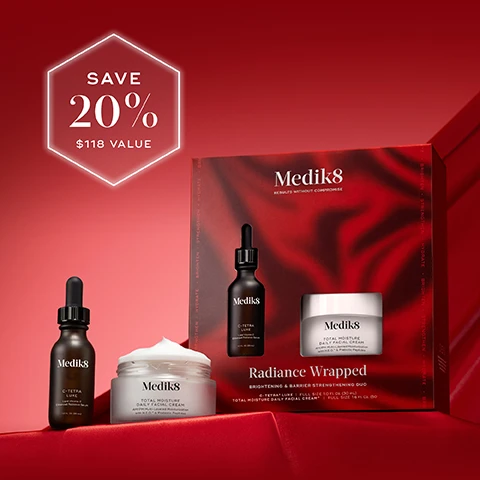 Image 1 - The image displays Medik8 skincare products including a C-TETRA LUXE Lipid Vitamin C Enhanced Radiance Serum 1.0 FL. OZ. (30 mL) bottle and a TOTAL MOISTURE DAILY FACIAL CREAM AM/PM Multi-Layered Moisturisation with H.E.O.™ & Prebiotic Peptides 1.6 FL. OZ. (50 mL) jar on a red surface, with a Medik8 Radiance Wrapped BRIGHTENING & BARRIER STRENGTHENING DUO gift box behind them; visible text also includes SAVE 20% $118 VALUE in a glowing hexagon, Medik8 RESULTS WITHOUT COMPROMISE, and the box also states C-TETRA® LUXE FULL SIZE 1.0 FL. OZ. (30 mL) TOTAL MOISTURE DAILY FACIAL CREAM™ FULL SIZE 1.6 FL. OZ. (50), along with vertical side text HYDRATE BRIGHTEN STRENGTHEN. Image 2 - The image displays a red background featuring a two-step AM skincare regimen with a brown dropper bottle and a white cream jar, showing text that reads AM BRIGHTENING & BARRIER-STRENGTHENING REGIMEN STEP 1: Vitamin C Medik8 C-TETRA LUXE Lipid Vitamin C Enhanced Radiance Serum 1.0 FL. OZ. (30 ml) STEP 2: Moisturize Medik8 TOTAL MOISTURE DAILY FACIAL CREAM AM/PM Multi-Layered Moisturisation with H.E.O. & Prebiotic Peptides. Image 3 - Two Medik8 skincare products are displayed on a red surface, a dark C-TETRA LUXE Lipid Vitamin C Enhanced Radiance Serum dropper bottle 1.0 fl. oz (30 ml) and a white jar of TOTAL MOISTURE DAILY FACIAL CREAM AM/PM Multi-Layered Moisturisation with H.E.O. & Prebiotic Peptides, accompanied by descriptive text C-TETRA LUXE Brightens, nourishes skin & softens visible wrinkles and TOTAL MOISTURE DAILY FACIAL CREAM Provides deep moisture while boosting skin barrier support. Image 4 - Before and after image displaying a persons forehead, showing reduced wrinkles on the right after 4 weeks compared to the left before treatment, with text that reads BEFORE, AFTER 4 WEEKS, 4 weeks to improved skin radiance*, and a Medik8 C-Tetra Luxe serum bottle, plus smaller text *Proven via independent clinical study on C-Tetra Luxe conducted over 4 weeks on 36 participants. Image 5 - A before and immediately after comparison image shows a womans face with a dotted circle highlighting wrinkles on her cheek in the before panel and visibly smoother skin with reduced wrinkles in the immediately after panel, accompanied by a jar of Mediks cream and text that reads BEFORE, IMMEDIATELY AFTER, 100hrs of clinically proven moisturization*, and *Proven via independent clinical study on Total Moisture Daily Facial Cream on 33 volunteers over 2 weeks.