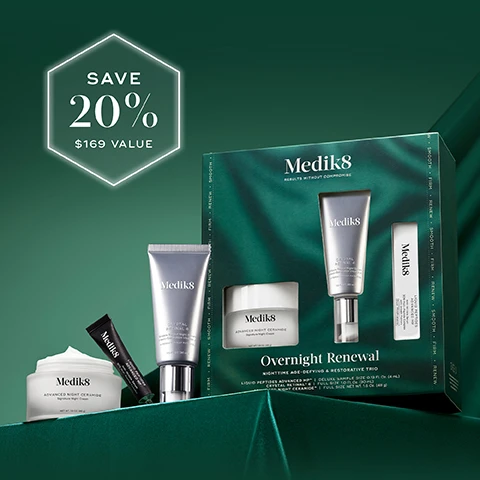 Image 1 - The image shows a Medik8 Overnight Renewal skincare gift set, featuring a dark green box containing three products (a pump bottle, a small jar, and a slender tube), displayed alongside an open jar of cream, a small black tube, and a silver pump bottle, all on a dark green draped surface with a glowing hexagonal graphic, and includes visible text SAVE 20% $169 VALUE Medik8 RESULTS WITHOUT COMPROMISE Overnight Renewal NIGHTTIME AGE-DEFYING & RESTORATIVE TRIO LIQUID PEPTIDES ADVANCED NIGHT CERAMIDE CRYSTAL RETINAL Medik8 ADVANCED NIGHT CERAMIDE Net Wt. 1.7 oz. (49g) Medik8 CRYSTAL RETINAL 6. Image 2 - A dark green graphic shows a three-step nighttime age-defying and restorative trio of Medik8 skincare products with a PM moon icon, featuring STEP 1: Peptides, a black tube of Medik8 LIQUID PEPTIDES ADVANCED HP 30% Multi-Peptide Serum High Performance 10 mL / 0.3 fl. oz., STEP 2: Retinal, a grey bottle of Medik8 CRYSTAL RETINAL Stable Retinal Night Serum Next-Generation Vitamin A Internationally Patented 30 mL / 1.0 fl. oz., and STEP 3: Moisturize, a white jar of Medik8 ADVANCED NIGHT CERAMIDE Signature Night Cream NET WT. 1.0 OZ. (28g), each with a dollop of product beside it. Image 3 - The image shows three Medik8 skincare products on a dark green draped surface: a silver pump tube, a black squeeze tube, and a white cream jar; the visible text reads CRYSTAL RETINAL Visibly firms, brightens & smooths your skin while you sleep, LIQUID PEPTIDES ADVANCED MP Plumps & firms skin, ADVANCED NIGHT CERAMIDE Deeply nourishes, firms & smooths visible wrinkles, Medik8 CRYSTAL RETINAL 6 Stable Day & Night Serum Next-Generation Vitamin A Scientifically Formulated 1.0 FL.OZ (30 ml), Medik8 LIQUID PEPTIDES ADVANCED MP 30% Triple-Peptide Complex Instant & Long-Term, and Medik8 ADVANCED NIGHT CERAMIDE Signature Night Cream NET WT. 1.6 OZ. (48 g). Image 4 - A before-and-after comparison image shows a persons eye area, with prominent wrinkles highlighted by a dotted circle on the left (before) and significantly reduced wrinkles in the same highlighted area on the right (after 8 weeks), featuring a Medik8 Liquid Peptides product bottle, and text: BEFORE AFTER 8 weeks Clinically proven to improve the look of deep-set wrinkles in 8 weeks Medik8 LIQUID PEPTIDES Advanced MP Multi-Peptide Complex 30 mL / 1.0 Fl. Oz. Proven via independent clinical study on Liquid Peptides Advanced MP tested on 34 participants at 10 minutes & 8 weeks. Image 5 - An image comparing a persons forehead before and after using an anti-aging serum, with the top panel labeled BEFORE showing visible wrinkles and the bottom panel labeled AFTER 1 TUBE showing significantly smoother skin, accompanied by text that reads 9/10 agree this is the best anti-aging serum they have ever used, with smaller text *Proven via independent clinical study on the Crystal Retinal ladder tested on 30 participants over 24 weeks, and an image of a Medik8 Crystal Retinal 6 product tube with a dab of cream. Image 6 - A split image shows a womans face before and after seven days of using a product, with the after image displaying visibly smoother skin, and includes text that reads: BEFORE AFTER 7 DAYS Proven to smooth stubborn wrinkles & visibly lift skin in just 7 Days Mediks ADVANCED NIGHT CERAMIDE Signature Night Cream NET WT 1.7 oz (50 g) Proven via independent clinical study on Advanced Night Ceramide on 20 volunteers over 4 weeks.