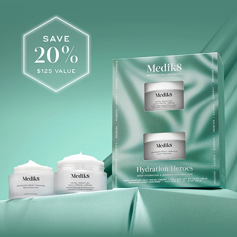 Image 1 - A Medik8 skincare set is displayed on a teal background, featuring two open jars of cream and a gift box with a glowing hexagonal graphic that reads SAVE 20% $125 VALUE; the box is labeled Medik8 RESULTS WITHOUT COMPROMISE Hydration Heroes DEEP HYDRATION & BARRIER SUPPORT DUO and contains full-size TOTAL MOISTURE DAILY FACIAL CREAM and ADVANCED NIGHT CERAMIDE, with FORTIFY NOURISH HYDRATE also visible. Image 2 - Two jars of Medik8 skincare products, a day cream and a night cream, are displayed on a teal background with white cream swirls and a subtle honeycomb pattern, with the text Your Deep Hydration & Barrier-Supporting Duo, AM: Total Moisture Daily Cream, PM: Advanced Night Ceramide, and on the left jar Medik8 Total Moisture Daily Facial Cream AM/PM Multi-Layered Moisturization with H.E.O. & Prebiotic Peptides, and on the right jar Medik8 Advanced Night Ceramide Signature Night Cream NET WT. 1.6 OZ (48 g). Image 3 - The image shows two white jars of Medik8 cream with overflowing product on a teal fabric background, with the left product labeled TOTAL MOISTURE DAILY FACIAL CREAM Provides deep moisture while boosting skin barrier support Medik8 TOTAL MOISTURE DAILY FACIAL CREAM AM/PM Multi-Layered Moisturisation with H.E.O. & Prebiotic Peptides, and the right product labeled ADVANCED NIGHT CERAMIDE Deeply nourishes the skin & visibly smooths wrinkles Medik8 ADVANCED NIGHT CERAMIDE Signature Night Cream NET WT. 1.6 OZ. (48 g). Image 4 - An anti-aging before and after image shows a womans face with wrinkles on the left, labeled BEFORE, and the same womans face with smoother skin on the right, labeled IMMEDIATELY AFTER, alongside a jar of Mediks Total Moisture Daily Facial Cream, with text reading 100hrs of clinically proven moisturization and a disclaimer stating Proven via independent clinical study on Total Moisture Daily Facial Cream on 33 volunteers over 2 weeks. Image 5 - A before and after image comparison shows a womans face, with the BEFORE panel on the left depicting more prominent wrinkles on her forehead and around her eyes, while the AFTER 7 DAYS OF USE panel on the right shows noticeably smoother skin; below this are the words Proven to smooth stubborn wrinkles & visibly lift skin in just 7 Days™, and a white jar labeled Medik8 ADVANCED NIGHT CERAMIDE Mature Skin Cream NET WT. 1.7 OZ / 50 G, followed by the small print Proven via independent clinical study on Advanced Night Ceramide on 20 volunteers over 4 weeks.
