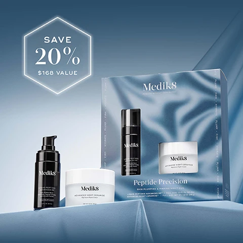 Image 1 - Medik8 skincare products, including a Peptide Precision Skin Plumping & Firming Night Duo kit and individual Liquid Peptides Advanced H21+ and Advanced Night Ceramide Signature Night Cream, are displayed with a hexagonal callout stating Save 20% $168 Value. Image 2 - The image shows two Medidk8 skincare products, a black pump bottle and a white jar, with dollops of product on a blue background with hexagonal patterns, accompanied by the text PM SKIN PLUMPING & FIRMING DUO, STEP 1: Serum, Medik8 LIQUID PEPTIDES ADVANCED HP Wrinkle Reduction Serum 30% Multi-Peptide Complex with Growth Factors Cu/Zn Bio-Peptide 1.0 FL. OZ (30 mL), STEP 2: Moisturize, and Medik8 ADVANCED NIGHT CERAMIDE Signature Night Cream NET WT. 1.6 OZ (48 g). Image 3 - A white jar of Medik8 Advanced Night Ceramide Signature Night Cream and a black pump bottle of Medik8 Liquid Peptides Advanced MP Anti-Wrinkle Serum are shown on a blue draped surface, with visible text reading LIQUID PEPTIDES ADVANCED MP Proven to diminish the appearance of expression lines in 10 minutes & deep-set wrinkles in 8 weeks, ADVANCED NIGHT CERAMIDE Deeply nourishes the skin & visibly smooths wrinkles, and *Proven via independent clinical study on Liquid Peptides Advanced MP tested on 34 participants at 10 minutes & 8 weeks. Image 4 - A before-and-after image shows a persons eye area with prominent wrinkles on the left side labeled BEFORE, and significantly reduced wrinkles on the right side labeled AFTER 8 weeks, alongside a Medik8 Liquid Peptides Advanced 8-Peptide Complex 30ml e / 1.0 fl. oz. bottle and the text Clinically proven to improve the look of deep-set wrinkles in 8 weeks. Image 5 - A before and after image comparison shows a womans face, with the left side labeled BEFORE displaying more prominent forehead wrinkles within a dotted circle, and the right side labeled AFTER 7 DAYS OF USE showing visibly smoother skin in the same area; below is a blue banner stating Proven to Smooth Stubborn Wrinkles & Visibly Lift Skin in just 7 Days, next to a jar of Medik8 Advanced Night Restore Reparative Overnight Cream.