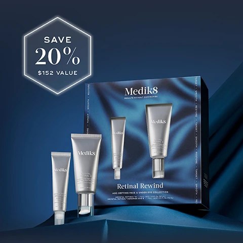 Image 1 - A blue background displays a Mediks Retinal Rewind Age-Defying Face & Under Eye Collection box with four silver tubes of Mediks skincare products, and a glowing hexagon graphic at the top left reads SAVE 20% $152 VALUE. Image 2 - Two silver Medik8 skincare products, a larger face serum and a smaller eye cream, rest on swatches of product on a blue background with a subtle hexagonal pattern, displaying the text PM YOUR NIGHTTIME AGE-DEFYING FACE & EYE REGIMEN, STEP 1: Face Serum, Medik8 CRYSTAL RETINAL 10 Stable Retinal Night Serum 0.1% Retinaldehyde + Ceramides 1.0 FL. OZ. (30 mL), and STEP 2: Eye Cream, Medik8 CRYSTAL RETINAL CERAMIDE EYE 3 Smooth & Lift Eye Cream 0.5 FL. OZ. (15 mL). Image 3 - Two silver Medik8 skincare products, a small tube and a larger pump bottle, are displayed on a dark blue background alongside their descriptions: CRYSTAL RETINAL FACE SERUM Helps to & visibly firms, brightens & smooths your skin while you sleep; CRYSTAL RETINAL CERAMIDE EYE Helps target visible crows feet, fine lines & puffiness; the smaller tube reads Medik8 Crystal Retinal Ceramide Eye Smooth & Lift Eye Cream 0.5 FL OZ (15 ML); and the larger bottle reads Medik8 Crystal Retinal 6 Stable Retinal Night Serum Next-Generation Vitamin A INTERNATIONALLY PATENTED 1.0 FL OZ (30 ML). Image 4 - The image shows a before-and-after comparison of an older persons eye and cheek, with visible wrinkles on the left side (BEFORE) and visibly reduced wrinkles on the right side (AFTER 4 WEEKS), alongside two silver Medik8 product tubes labeled Medik8 Crystal Retinal 6 and Medik8 Crystal Retinol Ceramide Eye 6, and additional text reading Wrinkles visibly reduced in 4 weeks*, with the footnote *Proven via independent clinical study on Crystal Retinal 6 & Crystal Retinol Ceramide Eye 6. Tested on 29 participants over 8 weeks.