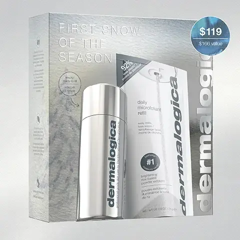Image 1 - A Dermalogica set in a silver box titled FIRST SNOW OF THE SEASON, featuring a silver empty/ready-to-fill bottle and a daily microfoliant refill pouch shown pouring powder, with a blue tag displaying $119 ($166 value), and the refill pouch noting 92% less plastic, easy refills, less waste, bestseller #1 brightening rice-based powder exfoliant, NET WT US 2.6 OZ / 74 g e, while the bottle is labeled Dermalogica professional-grade skin care by The International Dermal Institute, and the box states Certified cruelty-free and vegan. Image 2 - A silver gift box with a ribbon and a Dermalogica Daily Microfoliant kit, featuring an empty silver canister and a refill pouch inside the box, plus a full silver canister and a second refill pouch outside the box, against a snowy background, displays text: FIRST SNOW OF THE SEASON, empty/ready-to-fill, vide/prêt à remplir, 92% less plastic / moins de plastique, Dermalogica, daily microfoliant refill, easy refills, less waste / remplissage facile, moins de déchets, bestseller #1, brightening rice-based powder exfoliant, poudre exfoliante illuminatrice à base de riz, NET WT US 2.6 OZ / 74 g, professional-grade skin care by The International Dermal Institute, and a circular badge proclaiming 5 month supply, ready-to-fill, limited-edition canister. Image 3 - A persons hand applies white foamy cleanser to their face, with a white bottle of Dermalogica Daily Microfoliant and a red Allure Best of Beauty 2024 Award Winner sticker in the image, featuring visible text: daily microfoliant gentle powder exfoliant for brighter, more radiant skin, brightening rice-based powder exfoliant, NET WT US 1.4 OZ / 40 g e, BEST OF BEAUTY allure THE BEAUTY EXPERT 2024 AWARD WINNER.Image 4 - A split image shows a persons face comparing skin before and after 4 weeks of product use, with the left side displaying redness and blemishes, and the right side showing clearer skin with fewer spots, accompanied by the text Clinical Proof, After 1-4 weeks of daily use of Daily Microfoliant brightens skin and minimizes the look of dark spots*, before, after 4 weeks, and *Independent clinical results with 35 volunteers in a 4-week test.