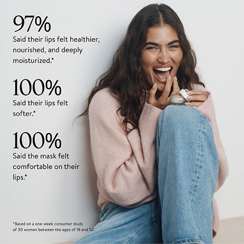 Image 4 - A laughing woman with long dark hair, wearing a pink sweater and blue jeans, applies a lip product from a small jar to her lip, with visible text reading: 97% Said their lips felt healthier, nourished, and deeply moisturized.* 100% Said their lips felt softer.* 100% Said the mask felt comfortable on their lips.* *Based on a one-week consumer study of 30 women between the ages of 18 and 52. Image 6 - A woman with long wavy dark hair and blue eyes, wearing a light-colored slip top, looks toward the top right, with a small white circular product container marked G. on her right shoulder, accompanied by text that reads: Hydrates Immediately increases hydration levels by more than 160%.* Plumps Moisturizes for a full eight hours, leaving lips plump with hydration.* Protects Protects and restores the barrier of the skin on lips, which is especially delicate. *Based on an eight-hour clinical study of 30 women between the ages of 18 and 52. Results taken 15 minutes and eight hours post-application, respectively.