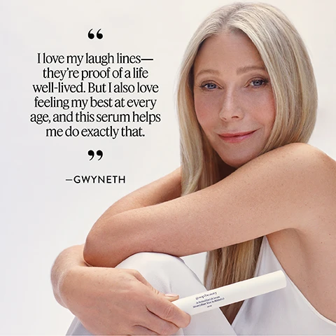 Image 2 - A close-up of Gwyneth Paltrow, with blonde hair and a slight smile, holding a white tube of Goop Beauty 3x Retinol Eye Lift Serum. The text on the image reads: I love my laugh lines—they’re proof of a life well-lived. But I also love feeling my best at every age, and this serum helps me do exactly that. —GWYNETH. The text on the product reads: goop beauty 3x Retinol Eye Lift Serum Sérum Liftant Yeux Au Rétinol x3 SKIN. Image 5 - A close-up of a persons eye area in a before and after comparison, showing a reduction in the appearance of wrinkles, with text that reads: BEFORE*, AFTER*, *Unretouched images based on an eight-week clinical study of 33 subjects ages 35 to 65. Image 6 - A light yellow cream product is swiped on a grey background, with dotted lines connecting to text describing its ingredients and benefits: GOOP’S TRIPLE-RETINOID COMPLEX Targets fine lines, deep wrinkles, laxity, skin tone, and texture; QUINOA PEPTIDE Depuffs and lifts, helping contour the delicate skin around the eyes; NIACINAMIDE Evens skin tone and supports the natural moisture barrier.