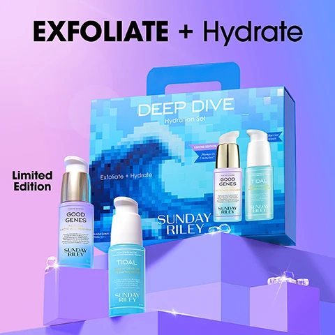 Image 1 - A Sunday Riley skincare product advertisement displays a Deep Dive Hydration Set box, featuring a pixelated blue wave design, alongside four individual product bottles on purple geometric platforms, all against a purple gradient background, with the visible text EXFOLIATE + Hydrate, Limited Edition, DEEP DIVE Hydration Set, Exfoliate + Hydrate, Sunday Riley, Plunge into Radiance, GOOD GENES All-In-One Lactic Acid Treatment, TIDAL Deep Hydration Plumping Serum, and TIDAL Brightening Enzyme Water Cream. Image 2 - Two Sunday Riley skincare bottles, a blue Tidal Deep Hydration Brightening Serum and a purple Good Genes All-In-One Lactic Acid Treatment, are displayed on purple blocks against a purple to blue gradient background with the text BRIGHTEN + Plump, Layered Hydration, Cushiony Plumpness, Barrier Repair, Plumps fine lines + boosts radiance, Brightens the appearance of dark spots, Exfoliates skin for an instant glow. Image 3 - Close-up before and after image of a womans face shows skin with visible redness and texture on the left, labeled BEFORE, and smoother, more even-toned skin with reduced redness on the right, labeled AFTER 4 WEEKS, with the text GOOD GENES at the bottom left. Image 4 - A split-screen before-and-after image showing a person with dark skin, with the left side depicting visible acne and blemishes and the right side showing clearer skin after one week, with text that reads BEFORE, AFTER 1 WEEK, and GOOD GENES. Image 5 - A close-up split image shows a persons face with a before and after comparison, with the left side depicting skin with some blemishes and a less even tone labeled BEFORE, and the right side showing smoother, more radiant, and even-toned skin labeled AFTER 4 WEEKS, with the text GOOD GENES at the bottom left. Image 6 - The image displays skincare ingredients including sliced aloe vera, a swirl of white cream, a whole aloe leaf segment, and a prickly pear fruit cross-section, with text that reads: KEY INGREDIENTS GOOD GENES Purified Lactic Acid Deeply exfoliates + repairs the look of dull, congested + sun damaged skin Licorice Extract Helps improve skin radiance Arnica + Prickly Pear Extract Soothe the skin Aloe Soothes + moisturizes. Image 7 - An image with a purple and blue gradient background features a lotus root slice, green beads, a swirl of white cream, and a curled strip of cucumber peel, next to text that reads: KEY INGREDIENTS TIDAL, 5 Types of Hyaluronic Acid Deliver multi-layer hydration for a plump, smooth appearance, Lotus-derived Vegan Mucin Helps restore bounce, improve elasticity + refine texture, Peptides Support natural claudin production to strengthen the moisture barrier + prevent water loss. Image 8 - An image on a purple to blue gradient background displays three certification logos: a B Corporation logo, a rePurpose logo, and a Leaping Bunny cruelty-free logo, alongside text. The text reads: WE ARE COMMITTED to producing transformative skincare that is kind to the planet. Certified B Corporation. We are B Corp certified, which means we meet the highest standards of verified social + environmental performance. rePurpose. Were proud to maintain our Plastic Neutral Certification! Our latest plastic recovery project collected approximately 70,000 pounds of plastic - equivalent to 1.8 million water bottles! Our brand is proudly certified as cruelty-free by PETA + Leaping Bunny.