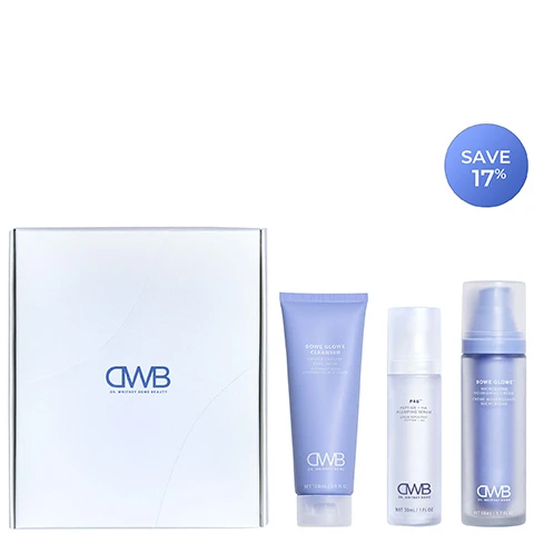Image 2 - An image shows a white gift box next to three purple skincare products: a tube, a pump bottle, and a frosted pump bottle, with a circular blue badge in the top right corner; the visible text includes CWB DR. WHITNEY BOWE BEAUTY, BOWE GLOWE CLEANSER, GENTLE CREAMY FACE WASH, NETTOYANT DOUX ONCTUEUX POUR LE VISAGE, NET 120ML / 3.9 FL OZ, P46™ PEPTIDE + HA PLUMPING SERUM, SÉRUM REPULPANT PEPTIDE + AH, NET 30ML / 1 FL OZ, BOWE GLOWE™ MICROBIOME NOURISHING CREAM, CRÈME NOURRISSANTE MICROBIOME, NET 50ML / 1.7 FL OZ, and SAVE 17%. Image 3 - The image shows a light purple background with text on the left detailing product benefits and light purple beauty products on the right, including a bottle of cream and a tube of cleanser, with the visible text post-procedure, subjects agree that the Procedure Enhancement Program: 100% helped skin recover faster* 100% helped restore my skin health* 94% helped reduce visible redness** 88% enhanced + extended the results of my procedure* 100% skin barrier feels stronger + more resilient* 94% skin is more hydrated and glowy* *4-week ongoing clinical study of 17 subjects who used PEP 2x daily at the 4-week time point, following professional in-office procedure. **Data reflect responses from subjects relevant to each question. One product bottle is labeled BOWE GLOWE MICROBIOME NOURISHING CREAM CRÈME NOURRISSANTE MICROBIOME cwb DR. WHITNEY BOWE NET 50ML / 1.7 FL OZ and a product tube is labeled BOWE GLOWE CLEANSER GENTLE CREAMY FACE WASH NETTOYANT DOUX ONCTUEUX POUR LE VISAGE cwb DR. WHITNEY B. Image 4 - The image shows a four-panel grid, with three before-and-after comparisons on the right demonstrating a cleansers effectiveness on a persons face by removing makeup, SPF, and pollution, as seen under normal light and UV light where glowing particles and a dark patch are visible before cleansing and absent after, while the left panel displays text that reads BOWE GLOWE CLEANSER clinically-proven to gently remove:* 100% OF FOUNDATION 100% OF SPF 100% OF POLLUTION *1-week clinical study of 32 subjects who used BGC at the immediate time point. Subjects were evaluated on a 6-point grading scale for % coverage of foundation, SPF, pollution at baseline and remainder after one wash by a clinical grader. High-resolution normal, specular, polarized, and ultraviolet images were taken, and the words BEFORE and AFTER are prominently displayed on each visual comparison. Image 5 - A frosted light blue and silver serum bottle with the text P46™ PEPTIDE + HA PLUMPING SERUM SÉRUM REPULPANT PEPTIDE + AH and a CWB logo, presented alongside text stating P46™ SERUM UP TO*: -27% reduction in skin sagging, +42% increase in skin firmness, +33% increase in skin elasticity, +25% increase in skin plumpness, +55% increase in skin luminosity, -25% decrease in fine lines & wrinkles, with a small asterisked note that reads *12-week clinical study of 25 subjects who used P46™ 2x daily at the 12-week time point. Image 6 - A dark background displays a purple frosted bottle of cream with a white cap and a dollop of white cream on the right, with white text claims and footnotes on the left, reading BOWE GLOWE™ CREAM, 1 HOUR to repair the skin barrier*, 100% said skin looked and felt hydrated all day**, 97% said fine lines and wrinkles appeared smoother***, 97% said their skin looks and feels healthier than ever before***, 93% said their skin feels more balanced (not too oily or dry)***, and on the bottle BOWE GLOWE™ MICROBIOME NOURISHING CREAM CRÈME NOURRISSANTE MICROBIOME CWB DR. WHITNEY BOWE NET 50ML / 1.7 FL. OZ., with footnotes stating *Based on a 4-week independent clinical study of 20 subjects using Bowe Glowe who were evaluated for transepidermal water loss (TEWL) at the 1 hour time point with a Tewameter® **Based on a 4-week independent clinical study of 30 subjects who used Bowe Glowe twice daily, measured at the 1-week time point. ***Based on a 4-week independent clinical study of 30 subjects who used Bowe Glowe twice daily, measured at the 4-week time point. Image 7 - A split image shows a before and after comparison of skin under the chin, with the top half displaying noticeable sagging and the bottom half showing visibly reduced sagging after 12 weeks, followed by the text P46™ SERUM 12-week clinical study of 25 subjects who used P46™ 2x daily at the 12-week time point. Image not retouched. Results may vary. SKIN SAGGING: BEFORE SKIN SAGGING: AFTER 12 WEEKS. Image 9 - A grid table on a background of cosmetic product drips outlines skincare routines: ROUTINE, STEP 1, STEP 2, STEP 3, STEP 4, STEP 5; MORNING: Bowe Glowe Cleanser, P46 Serum, Asta C Serum, Bowe Glowe Cream, SPF; EVENING: Exfoliation Night: Bowe Glowe Cleanser, P46 Serum, Exfoliation Night, Asta C Serum, Bowe Glowe Cream; EVENING: Retinal Night: Bowe Glowe Cleanser, P46 Serum, Asta C Serum, Retinal Night Treatment, Bowe Glowe Cream; EVENING: Recovery Night: Bowe Glowe Cleanser, P46 Serum, Asta C Serum, Bowe Glowe Cream.